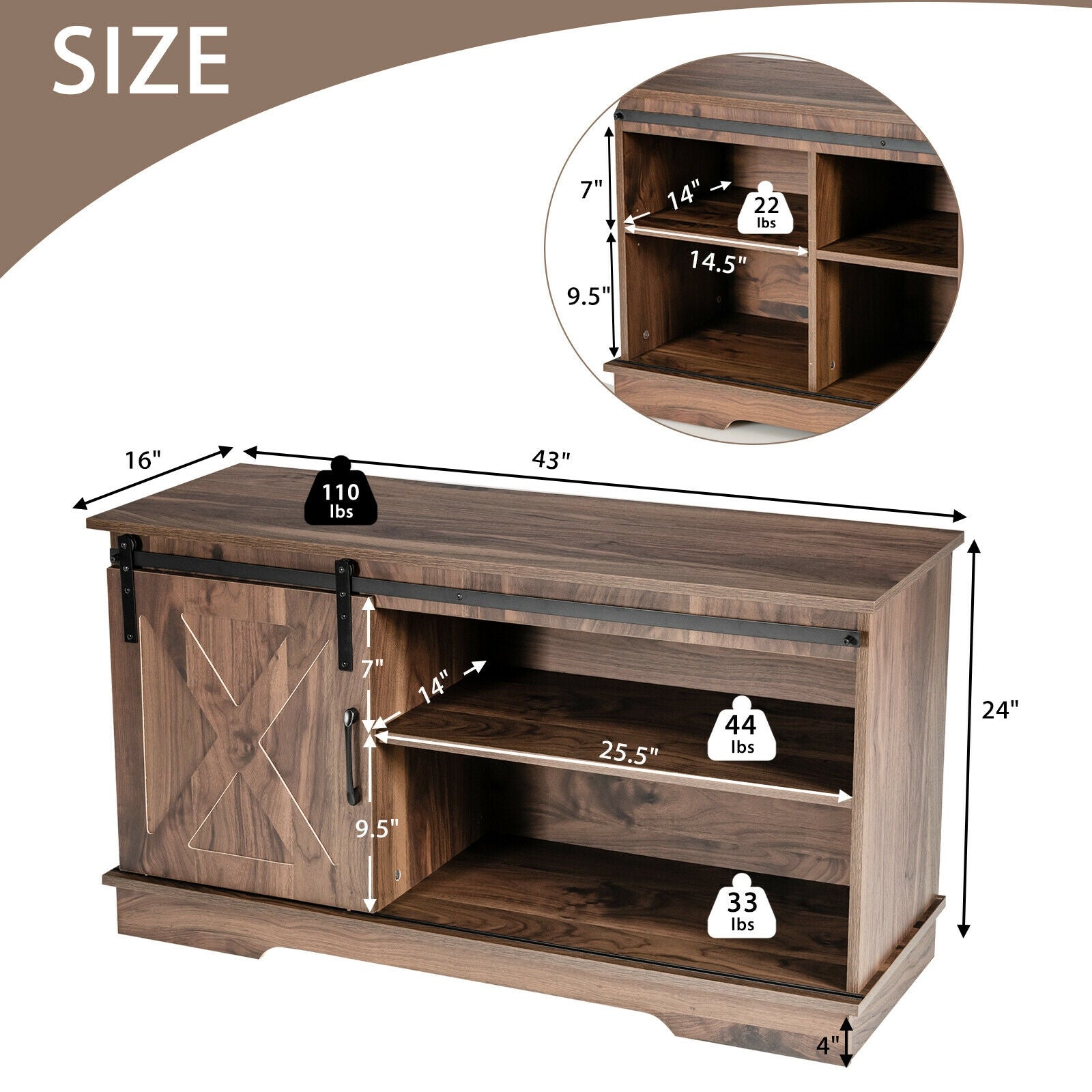 Sliding Barn Door TV Stand with Adjustable Shelf Cabinet-Dark Walnut