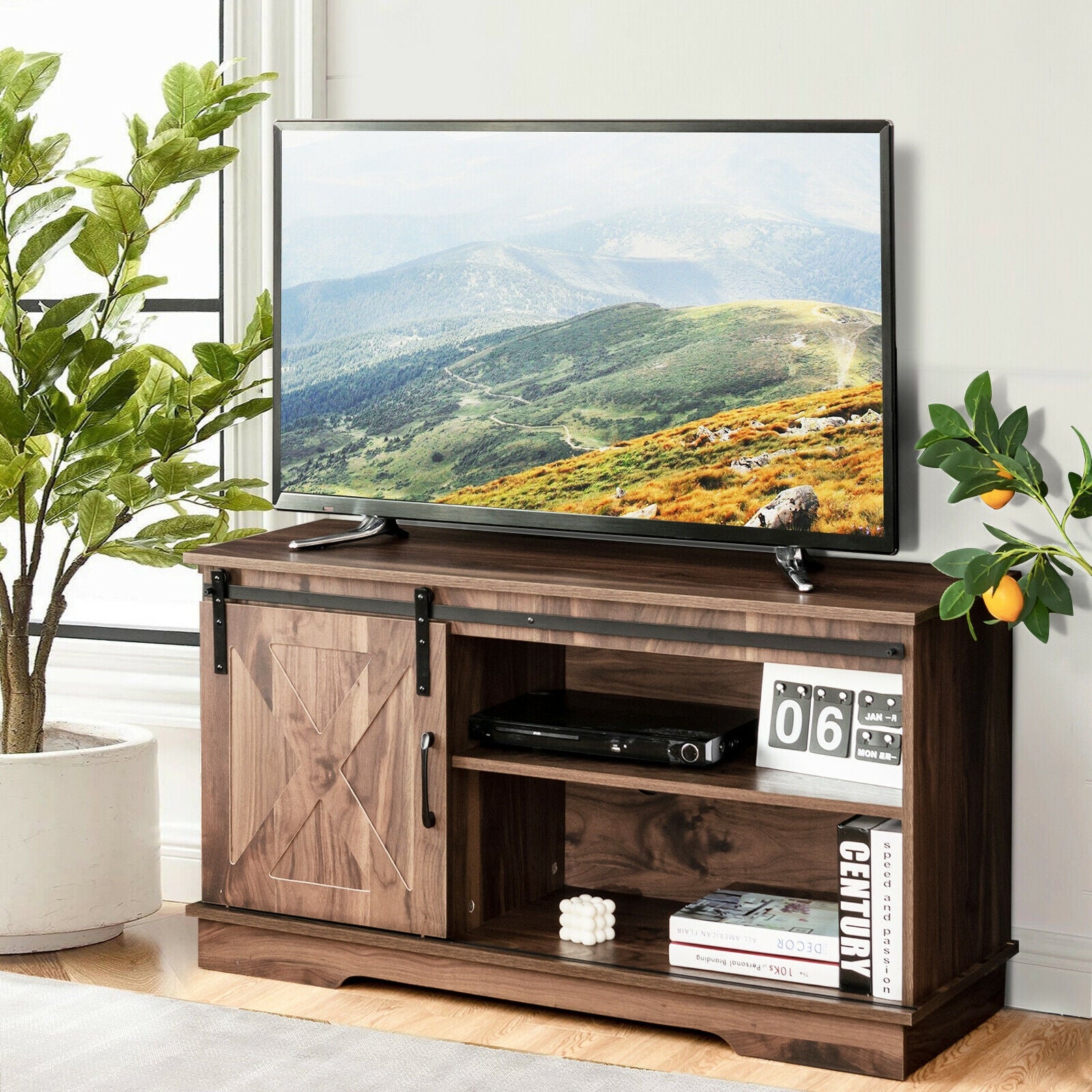 Sliding Barn Door TV Stand with Adjustable Shelf Cabinet-Dark Walnut