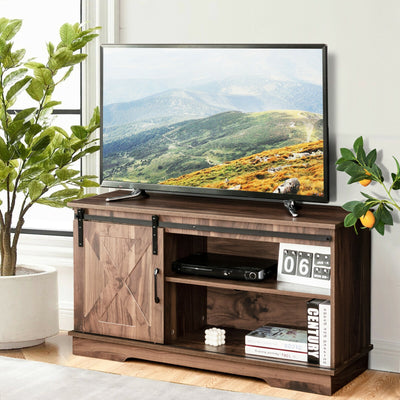 Sliding Barn Door TV Stand with Adjustable Shelf Cabinet-Dark Walnut 