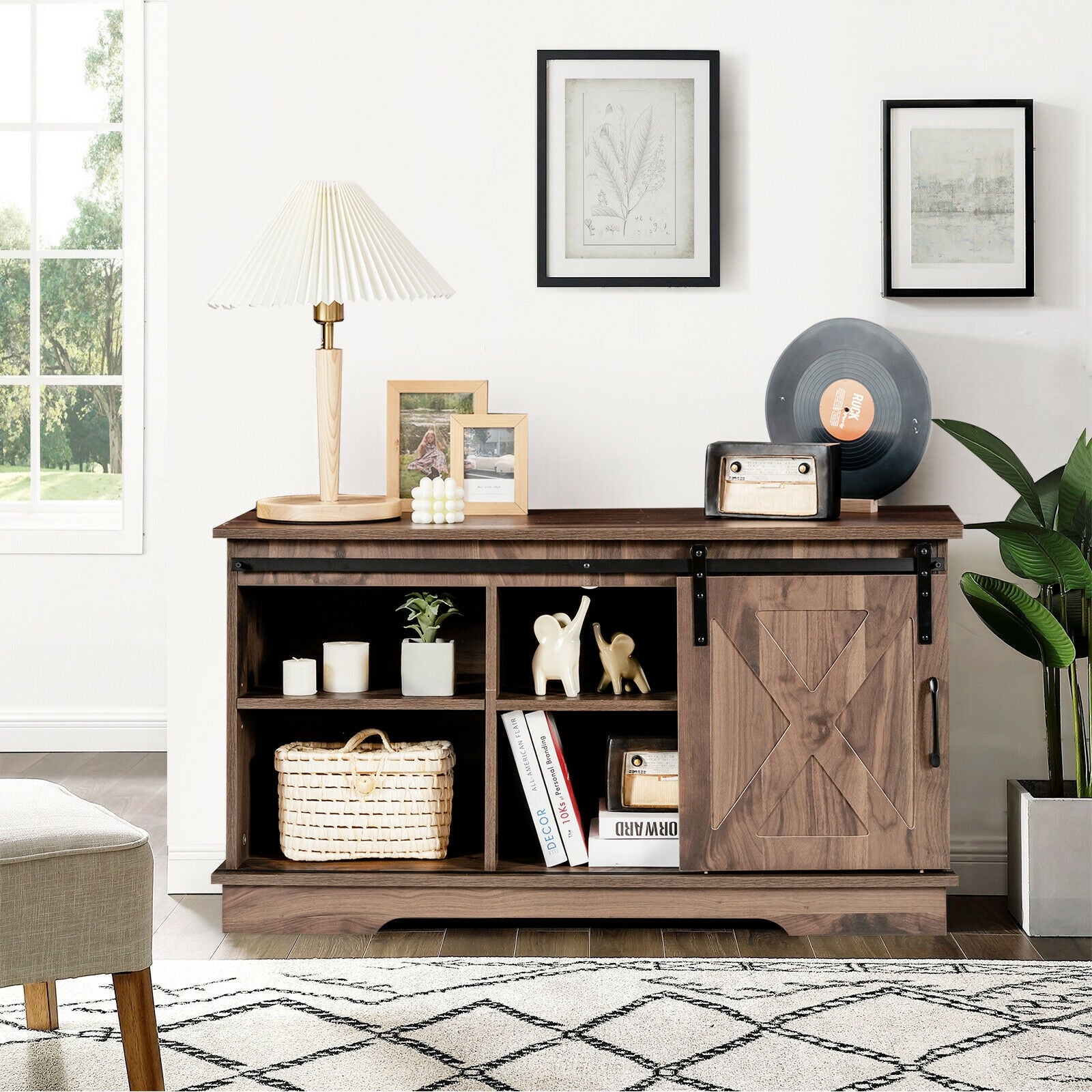 Sliding Barn Door TV Stand with Adjustable Shelf Cabinet-Dark Walnut