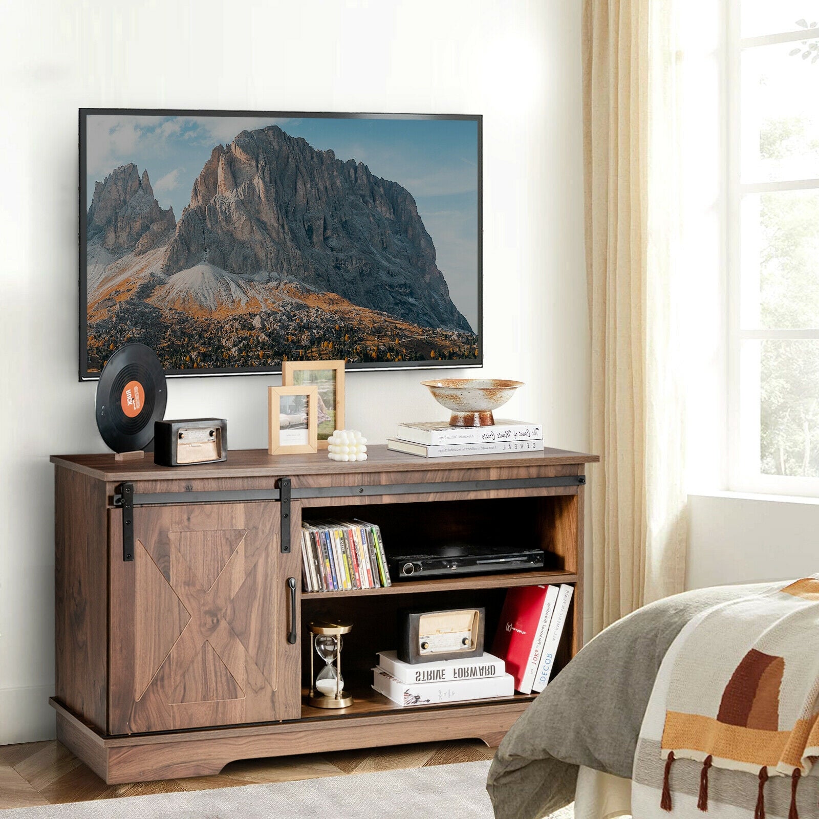 Sliding Barn Door TV Stand with Adjustable Shelf Cabinet-Dark Walnut