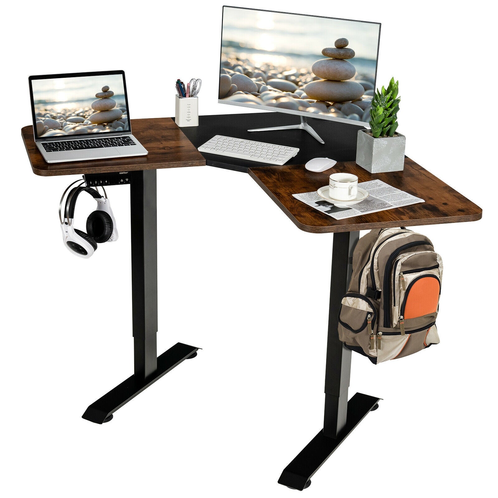 L-shaped Electric Standing Desk with 4 Memory Positions and LCD Display-Rustic Brown