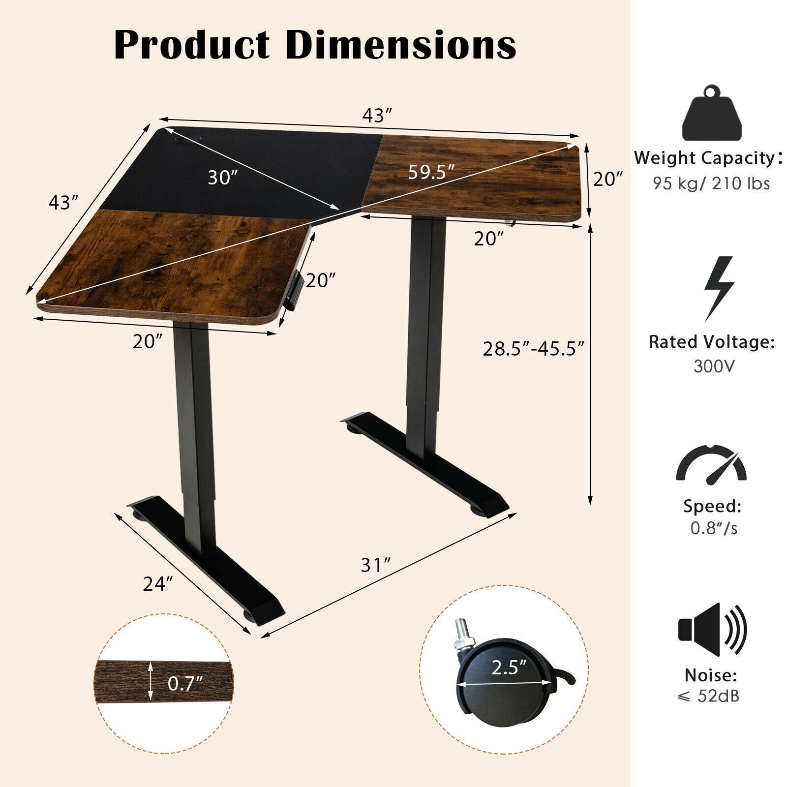 L-shaped Electric Standing Desk with 4 Memory Positions and LCD Display-Rustic Brown