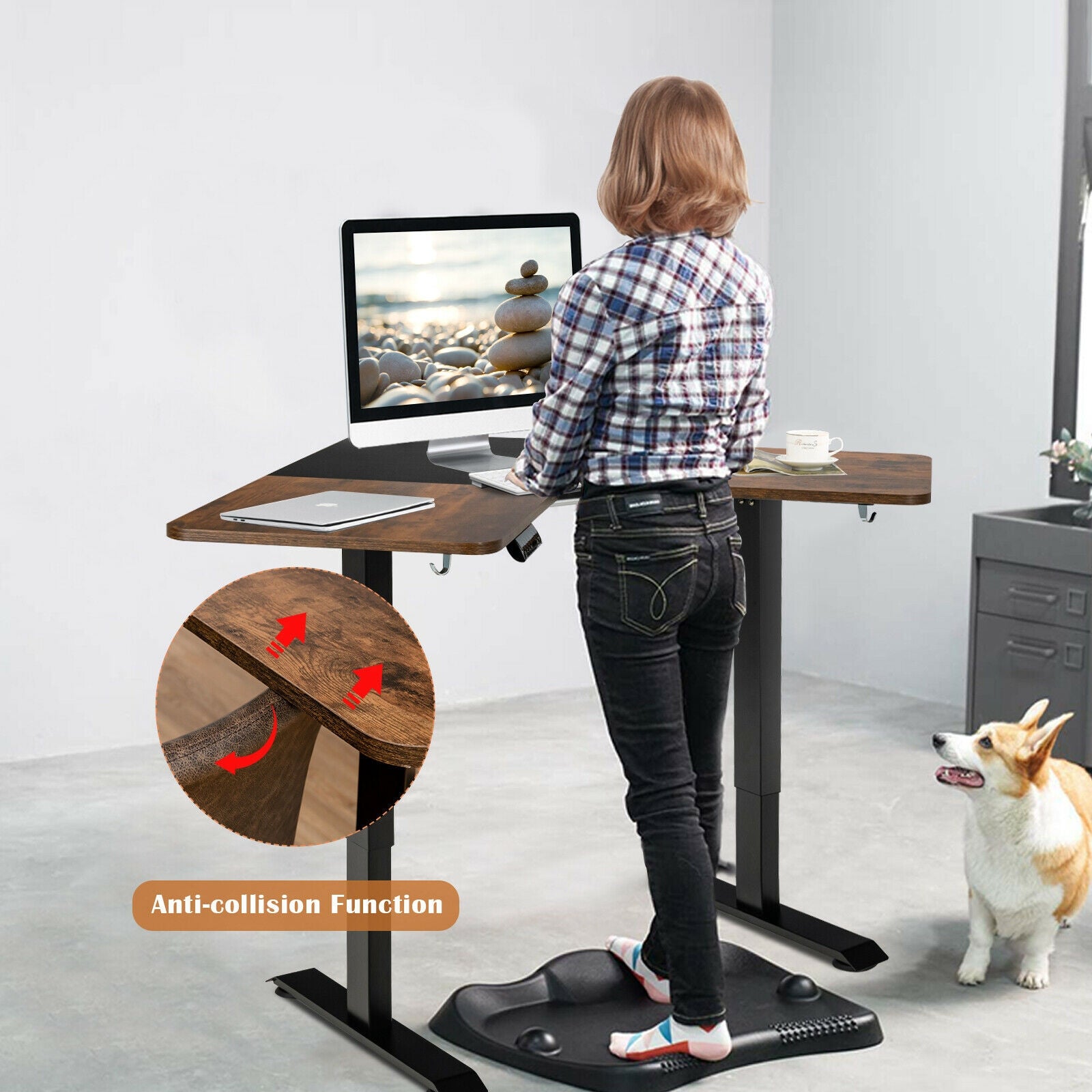 L-shaped Electric Standing Desk with 4 Memory Positions and LCD Display-Rustic Brown