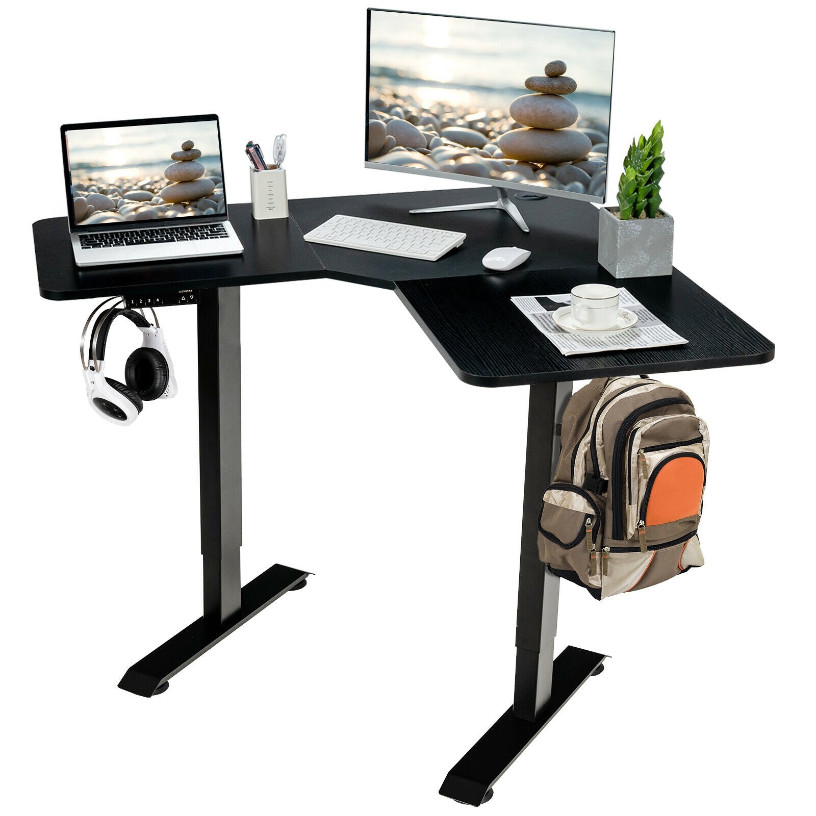 L-shaped Electric Standing Desk with 4 Memory Positions and LCD Display-Black