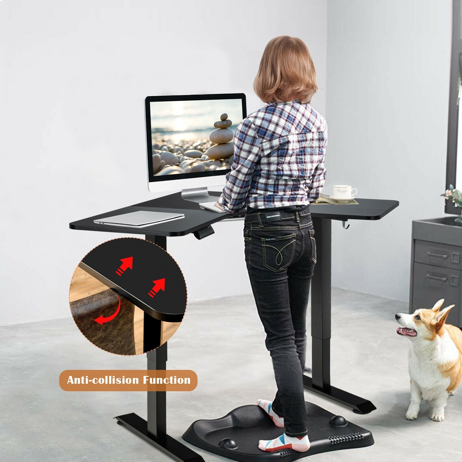 L-shaped Electric Standing Desk with 4 Memory Positions and LCD Display-Black