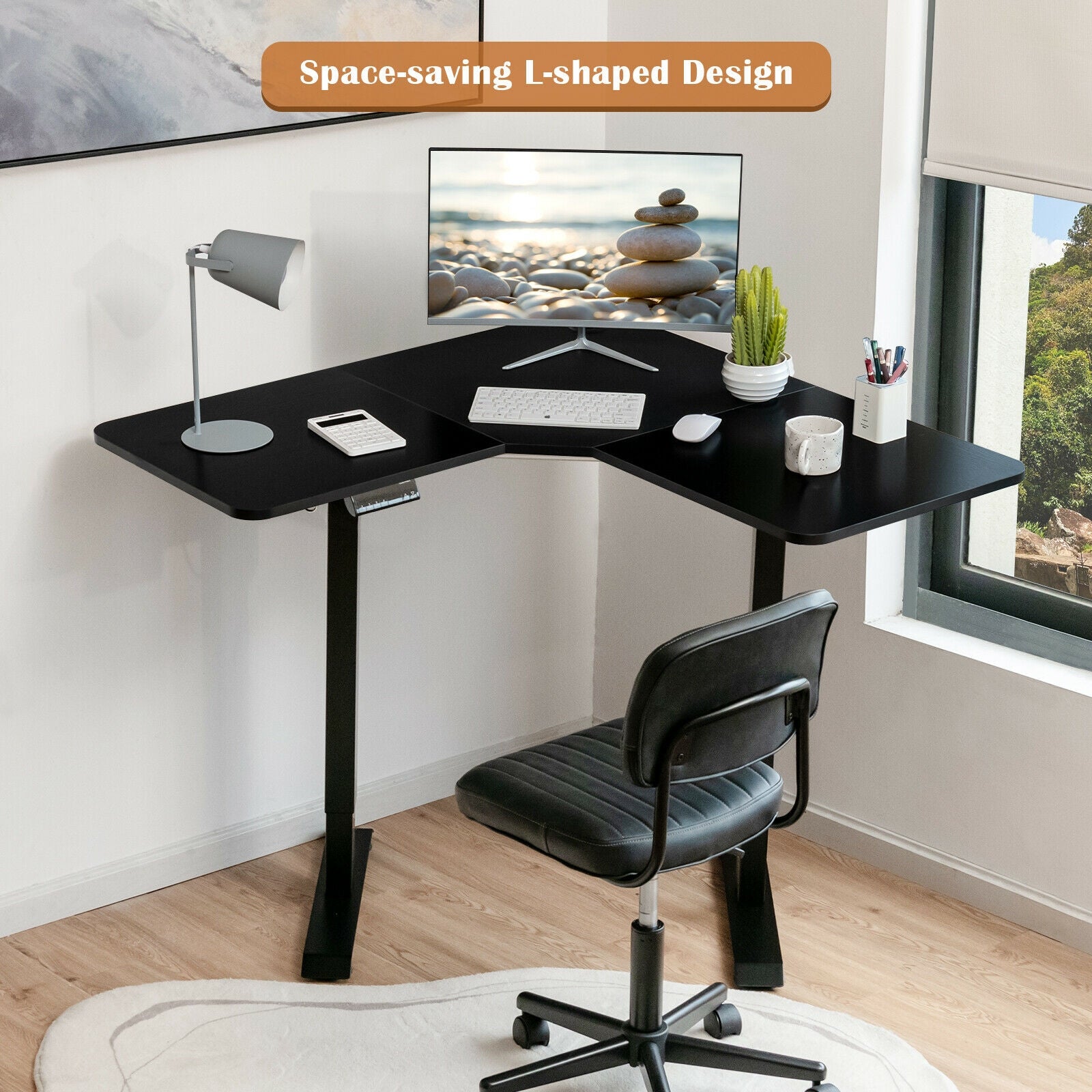 L-shaped Electric Standing Desk with 4 Memory Positions and LCD Display-Black