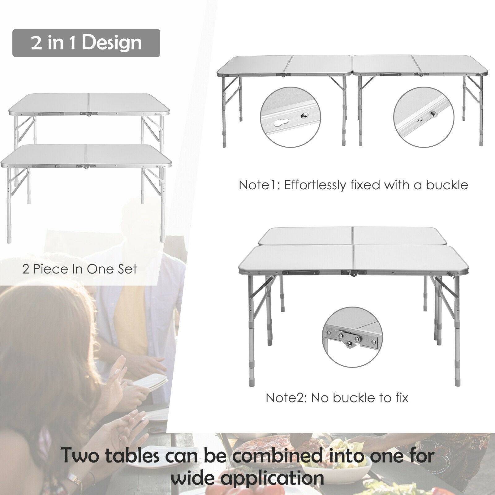 2 Pieces Folding Utility Table with Carrying Handle-White