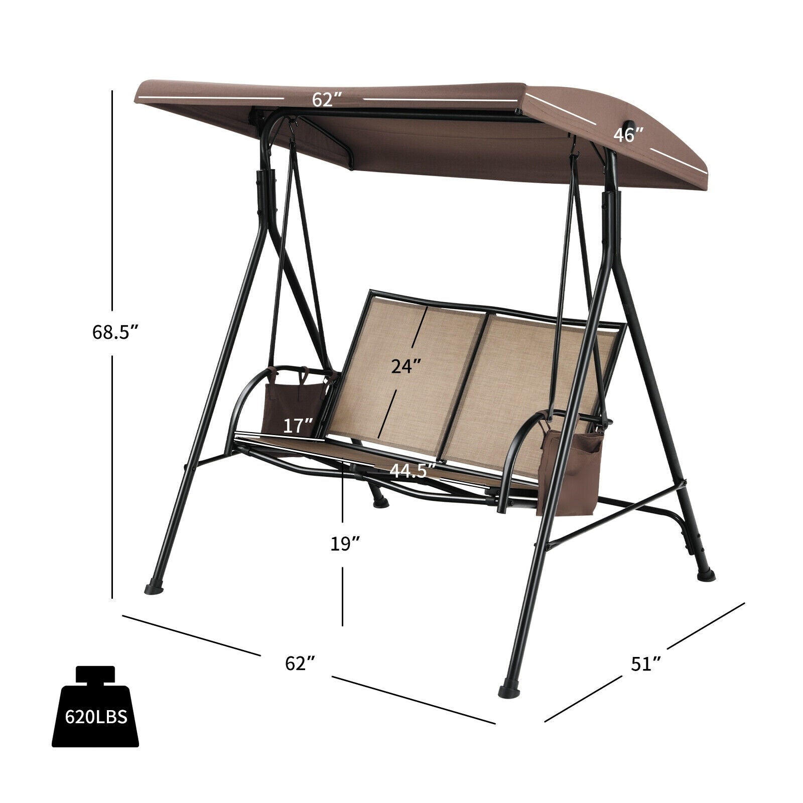 2 Seat Patio Porch Swing with Adjustable Canopy Storage Pockets Brown