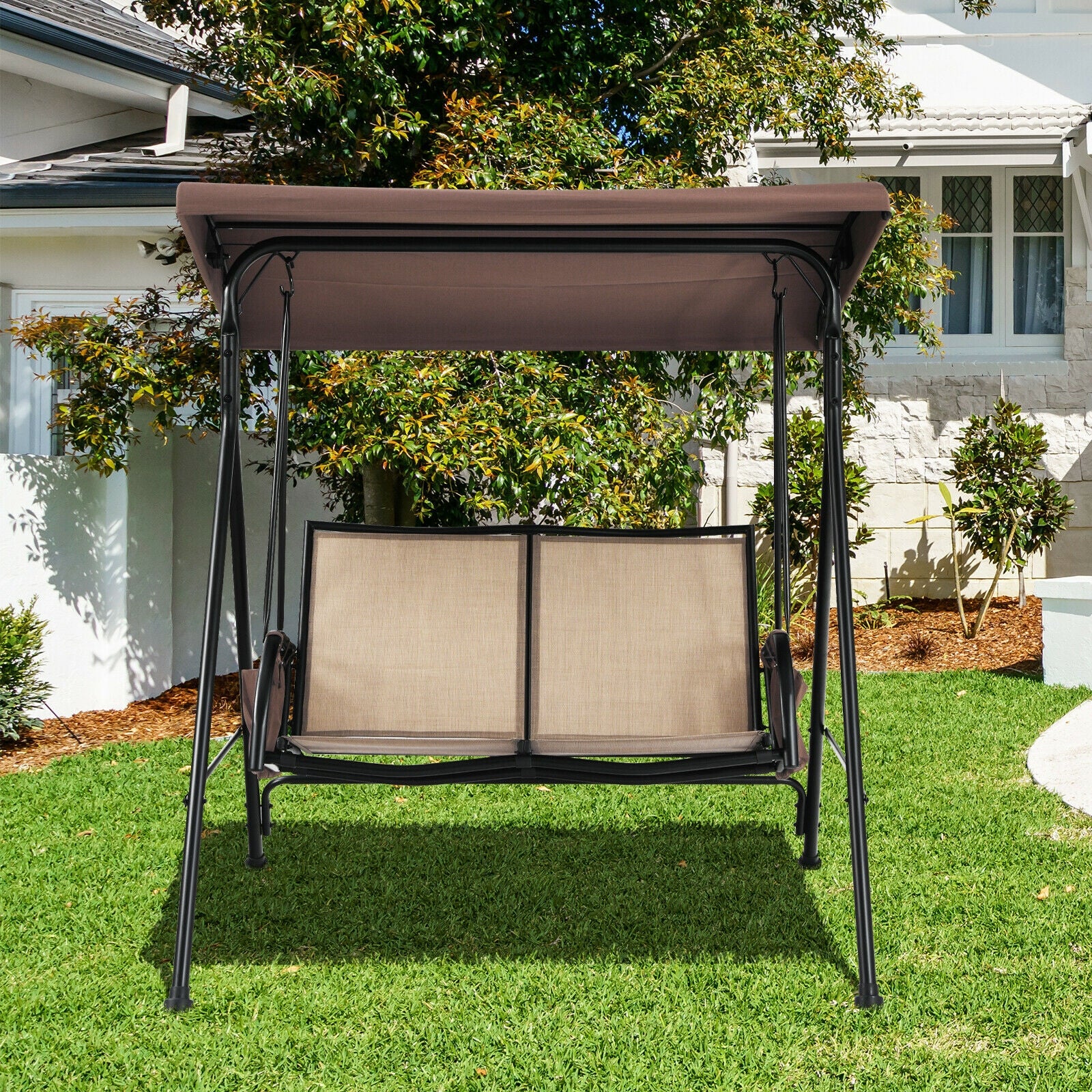 2 Seat Patio Porch Swing with Adjustable Canopy Storage Pockets Brown