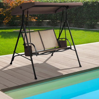 2 Seat Patio Porch Swing with Adjustable Canopy Storage Pockets Brown 