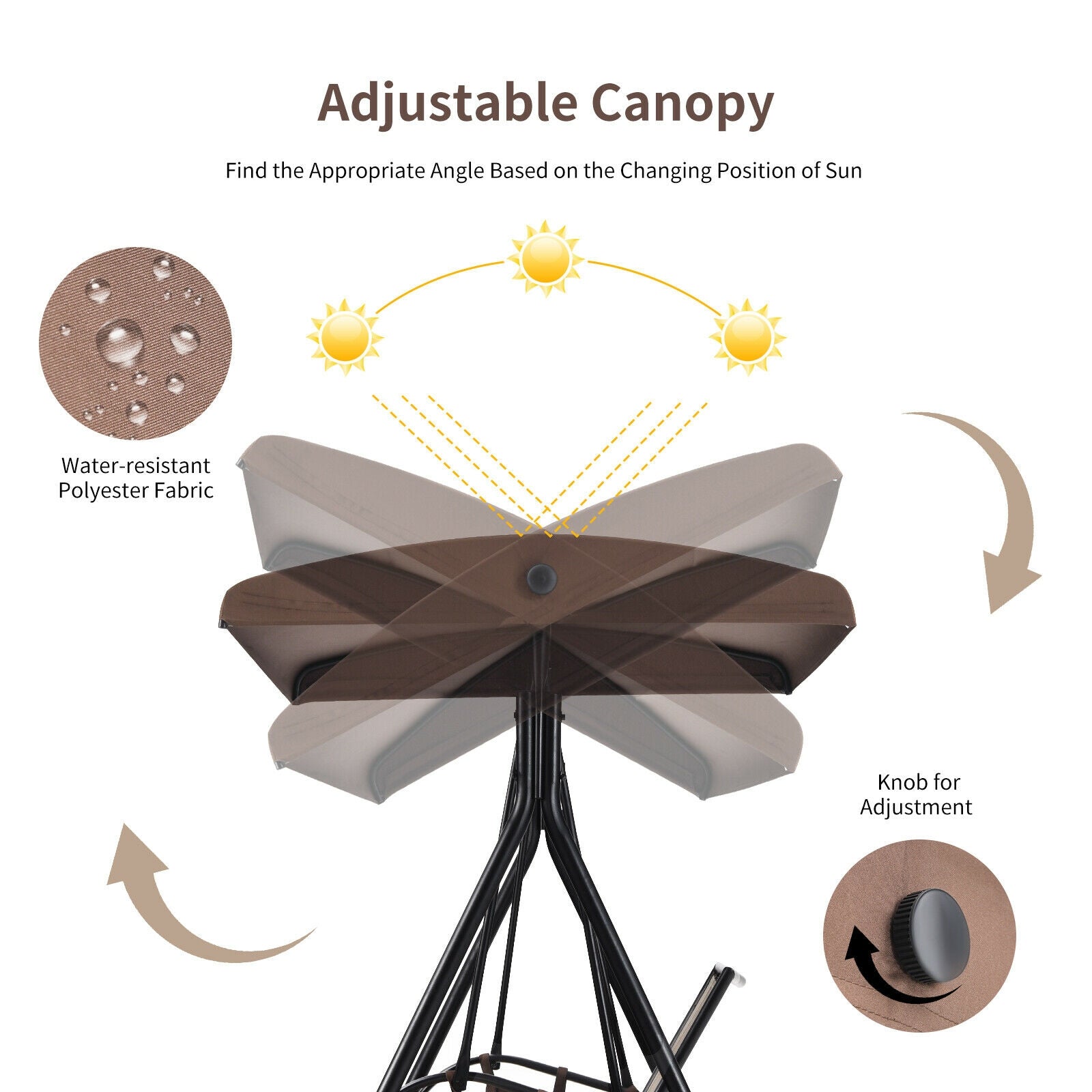 2 Seat Patio Porch Swing with Adjustable Canopy Storage Pockets Brown