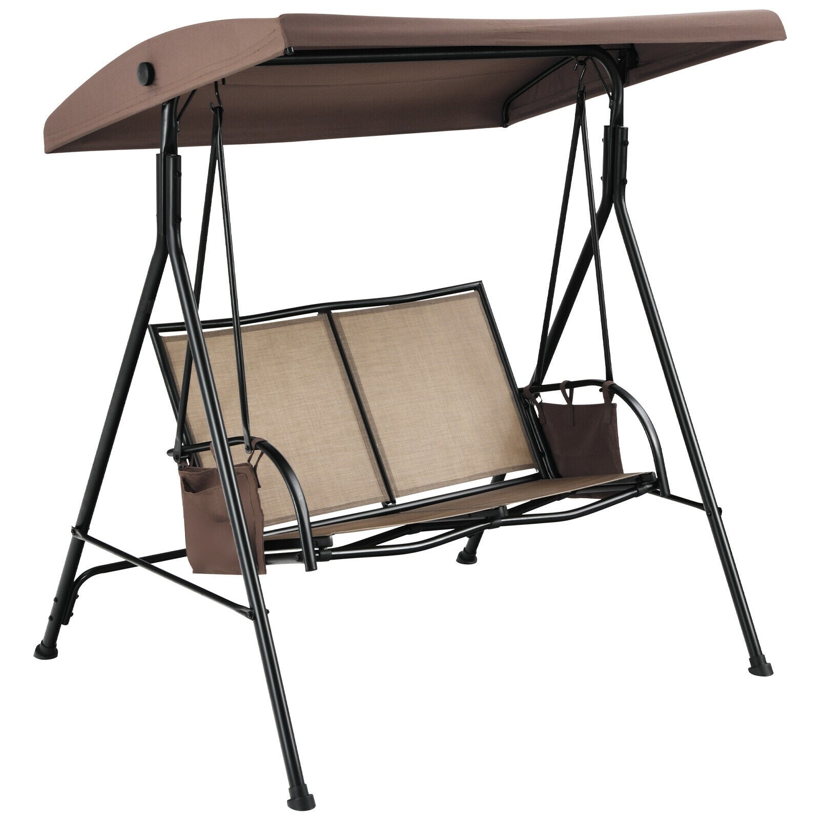 2 Seat Patio Porch Swing with Adjustable Canopy Storage Pockets Brown