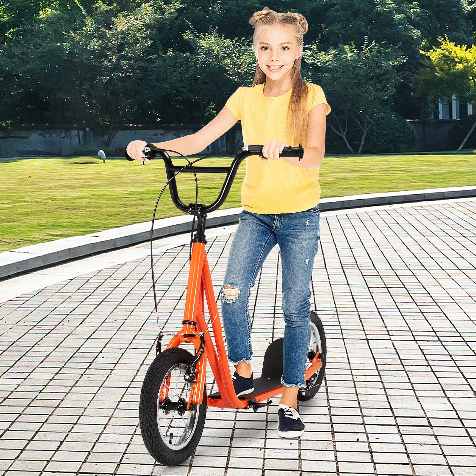 Height Adjustable Kid Kick Scooter with 12 Inch Air Filled Wheel-Orange