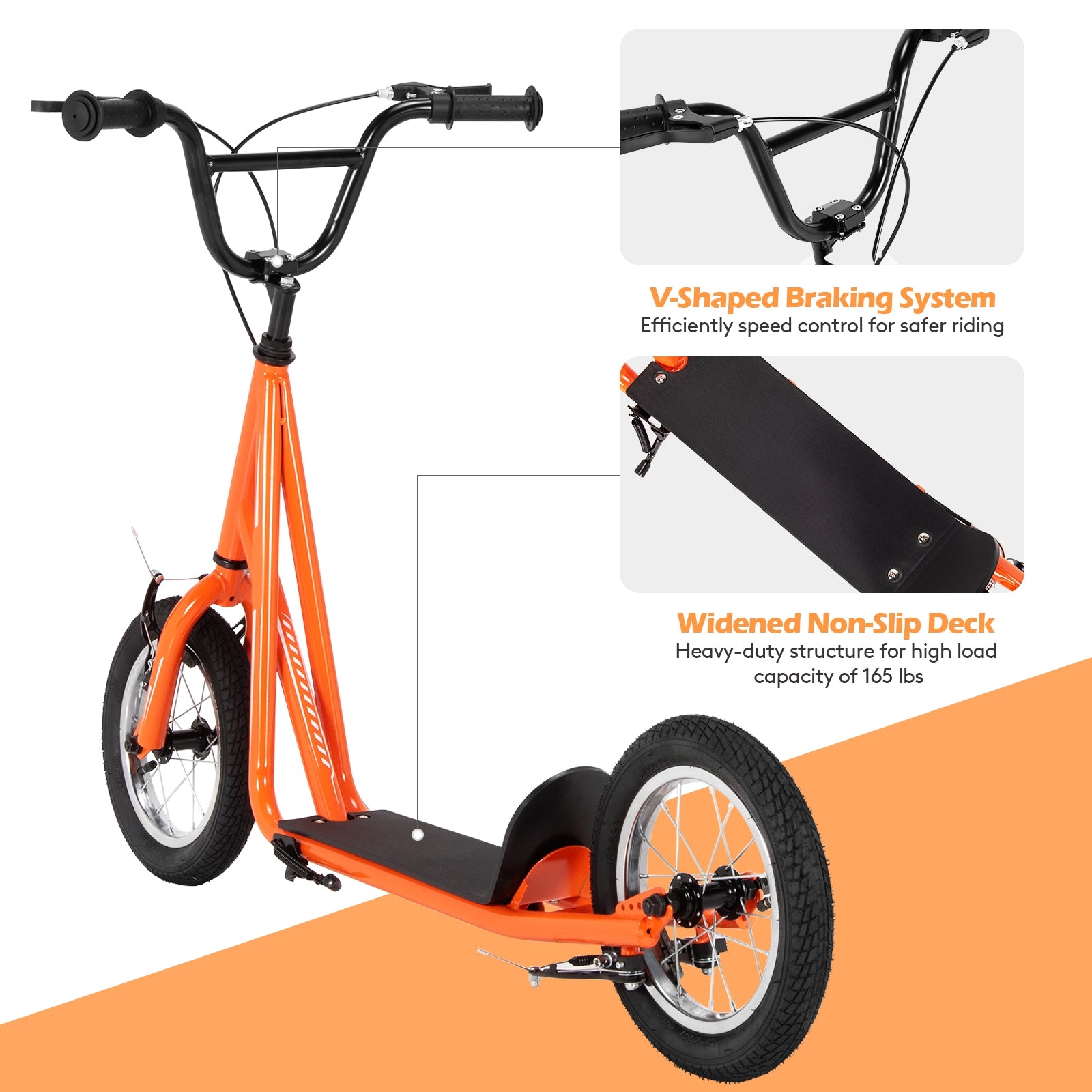 Height Adjustable Kid Kick Scooter with 12 Inch Air Filled Wheel-Orange