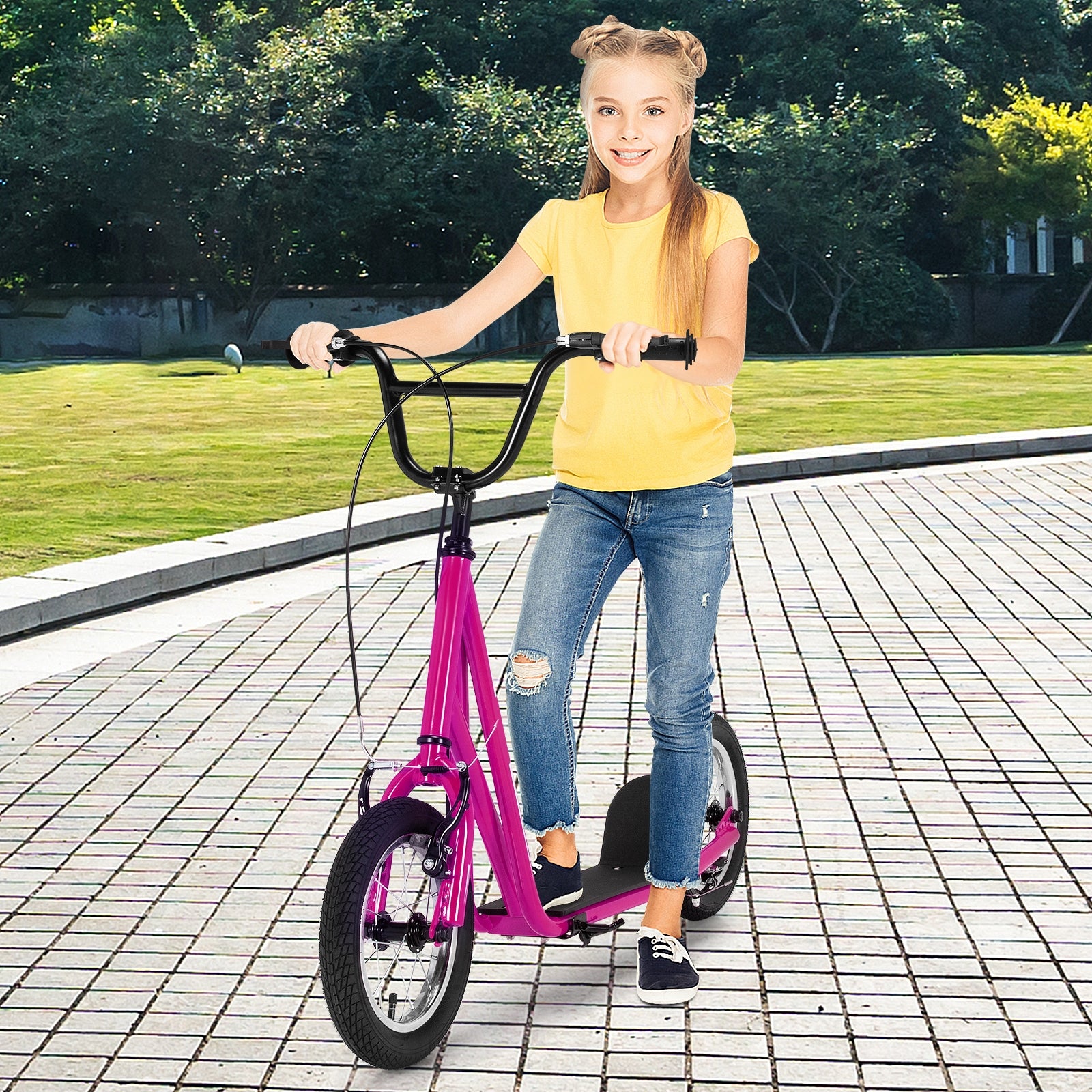 Height Adjustable Kid Kick Scooter with 12 Inch Air Filled Wheel-Pink 