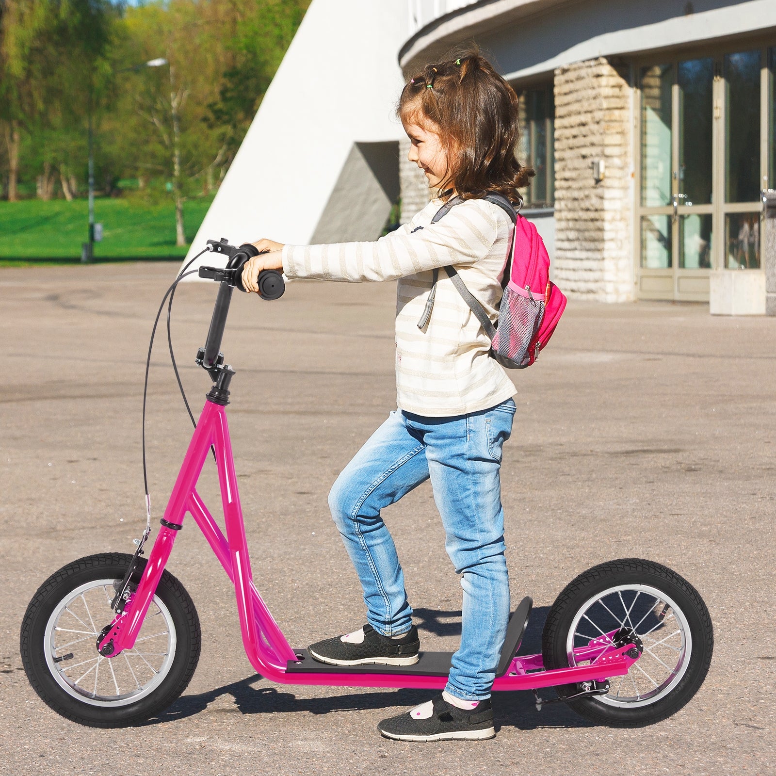 Height Adjustable Kid Kick Scooter with 12 Inch Air Filled Wheel-Pink 