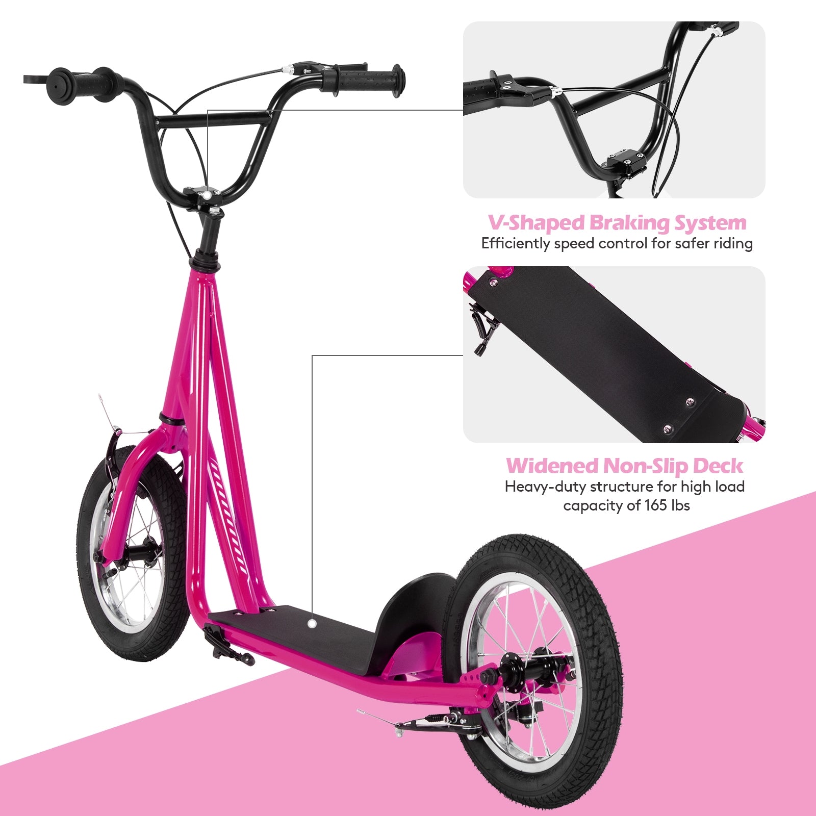 Height Adjustable Kid Kick Scooter with 12 Inch Air Filled Wheel-Pink