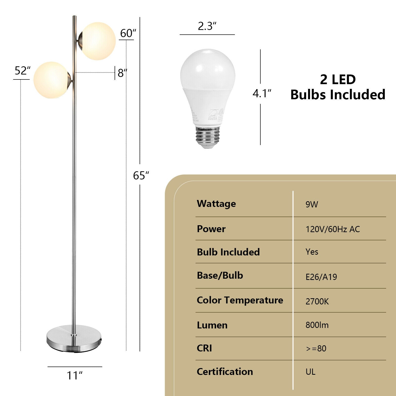 65 Inch LED Floor Lamp with 2 Light Bulbs and Foot Switch-Silver