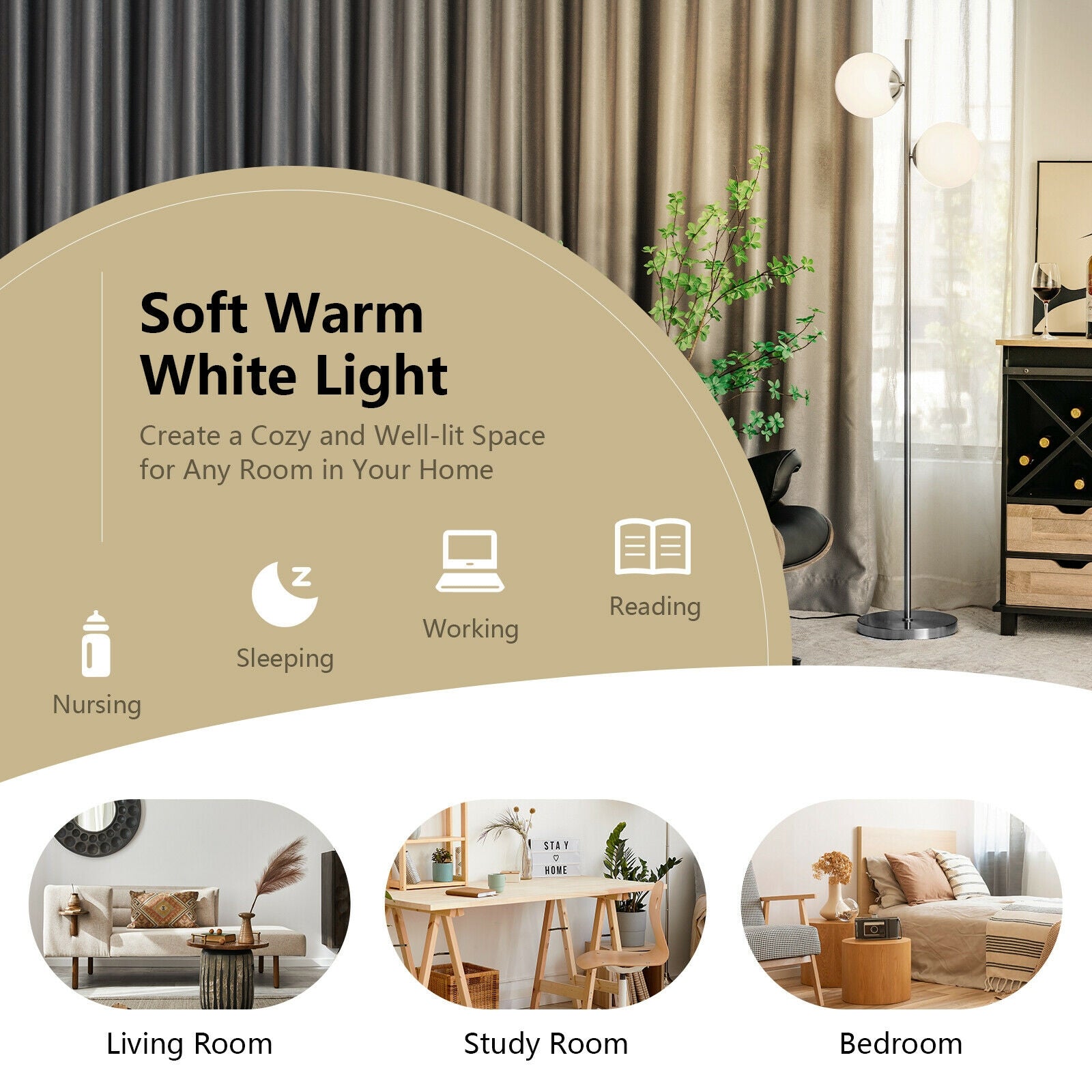 65 Inch LED Floor Lamp with 2 Light Bulbs and Foot Switch-Silver