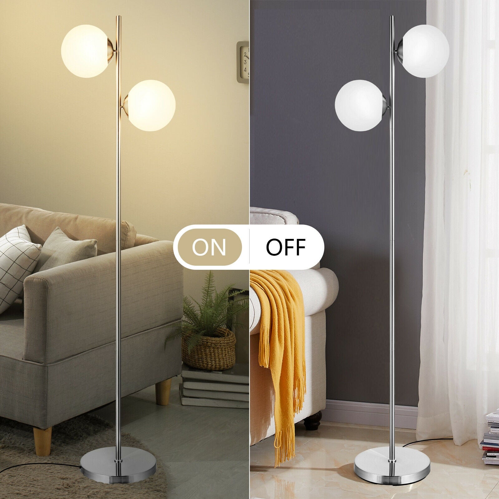 65 Inch LED Floor Lamp with 2 Light Bulbs and Foot Switch-Silver