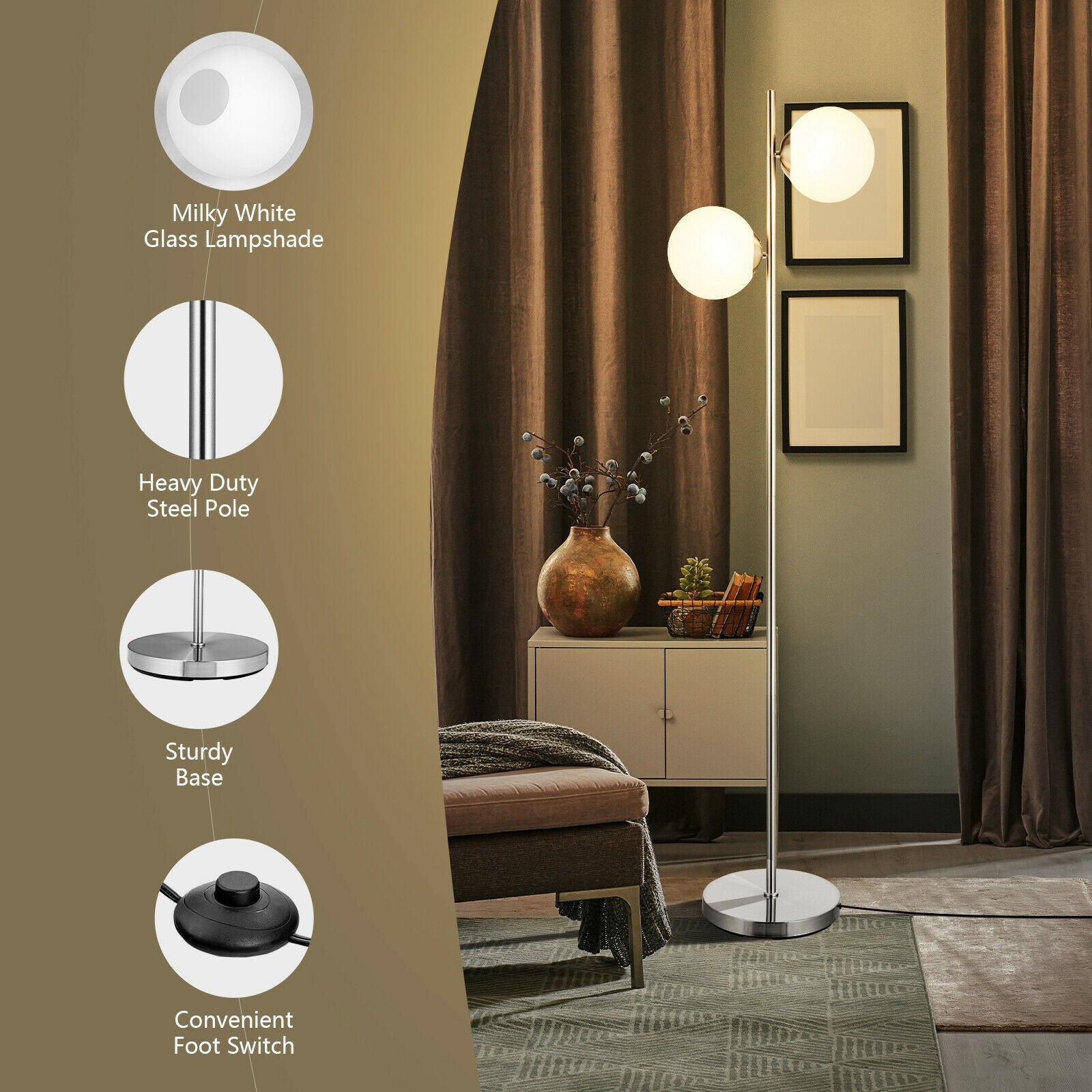 65 Inch LED Floor Lamp with 2 Light Bulbs and Foot Switch-Silver