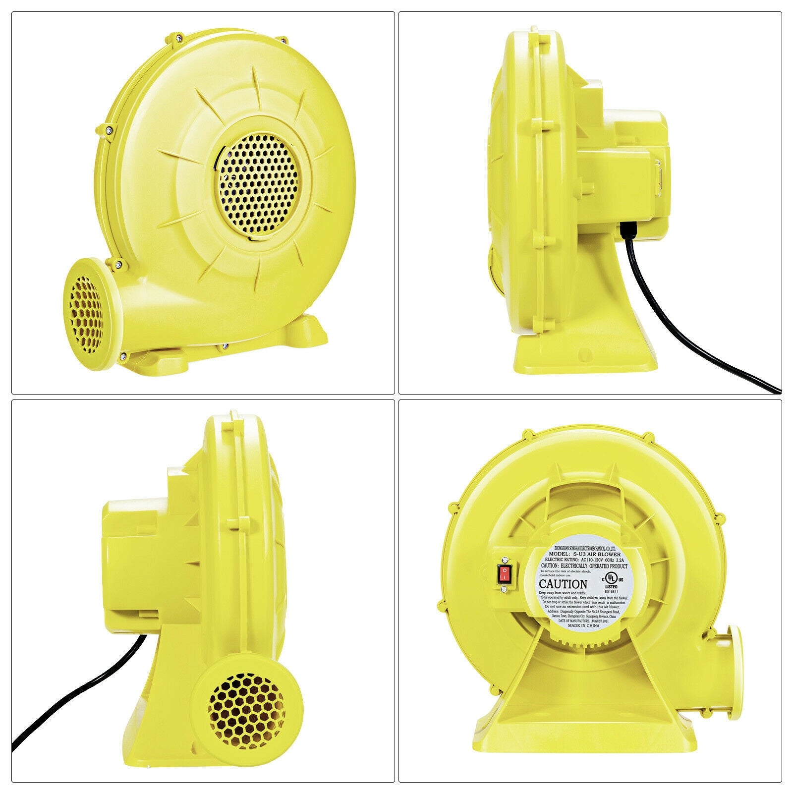 350 Watt 0.5 HP Air Blower Pump Fan for Inflatable Bounce House and Bouncy Castle-Yellow