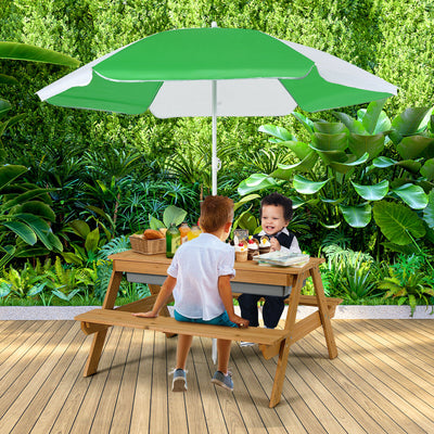 3-in-1 Kids Outdoor Picnic Water Sand Table with Umbrella Play Boxes-Green 