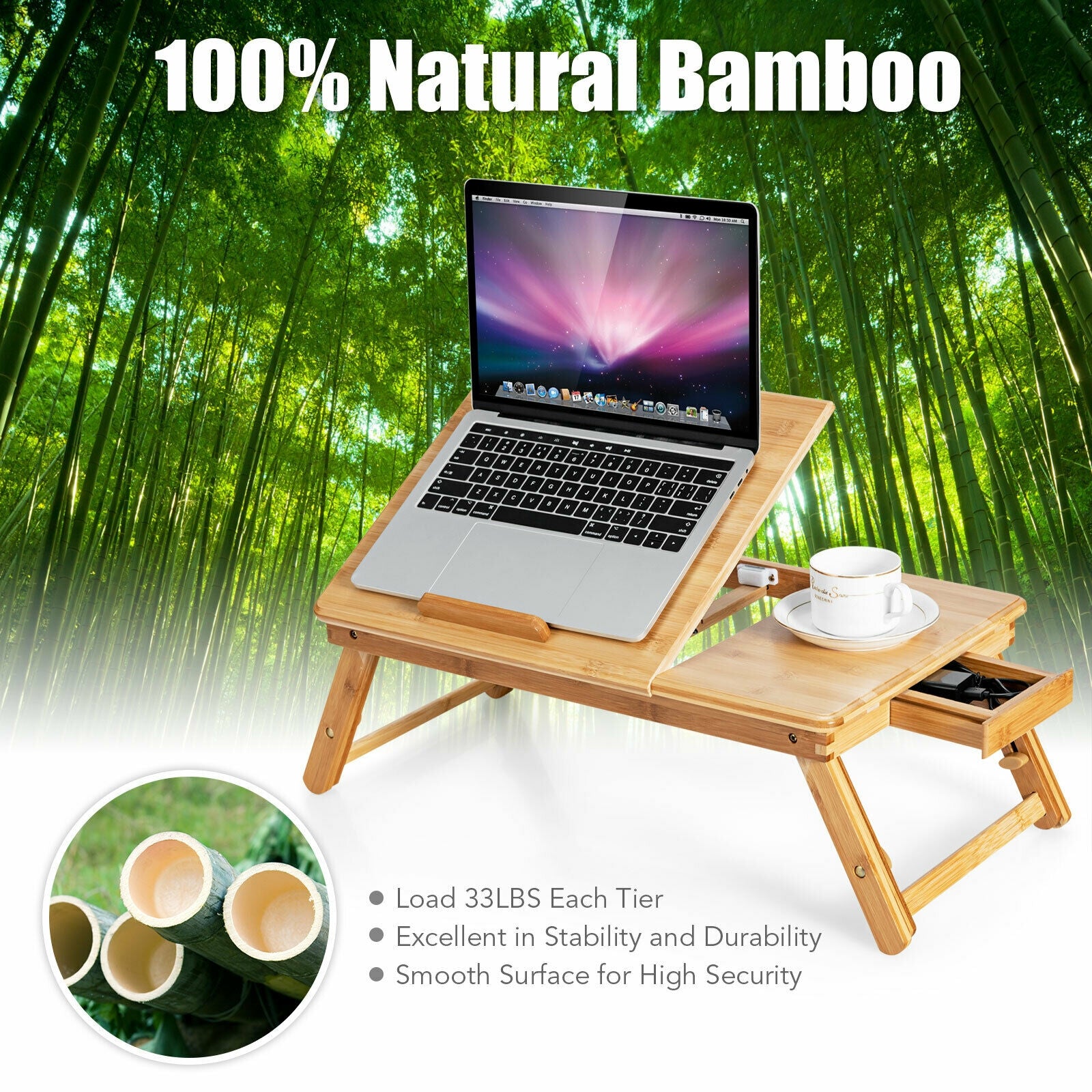 Bamboo Laptop Lap Tray with Adjustable Legs and Tilting Heat-dissipation Top-Natural