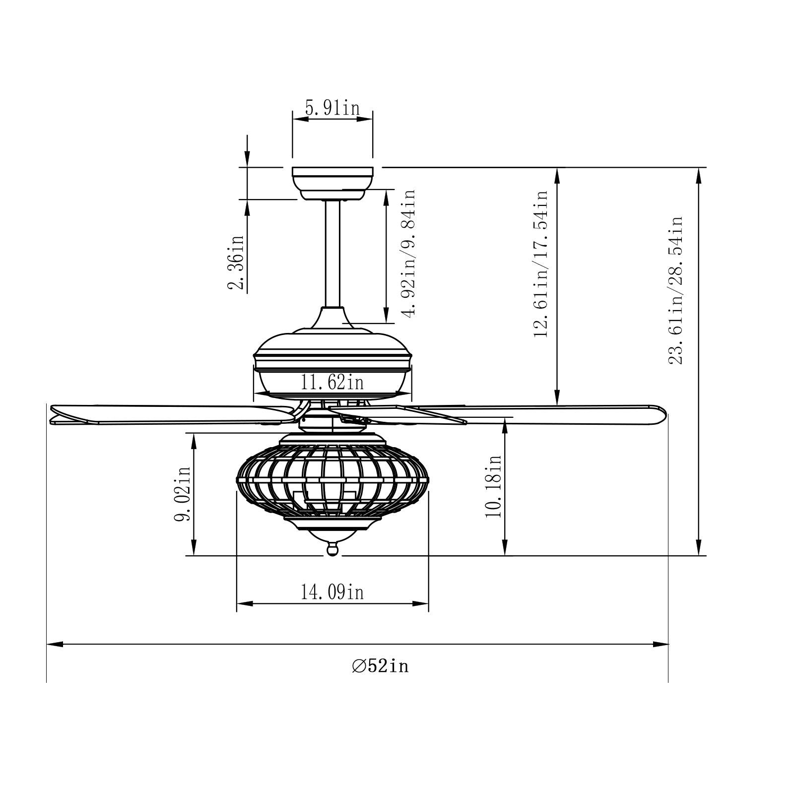 52 Inches Ceiling Fan with Wooden Blades and Remote Control-Silver