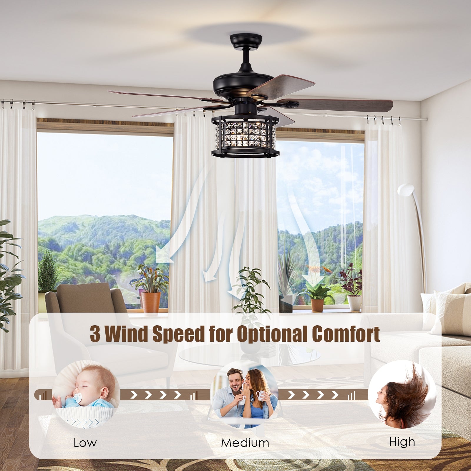 52 Inch 3-Speed Crystal Ceiling Fan Light with Remote Control-Black