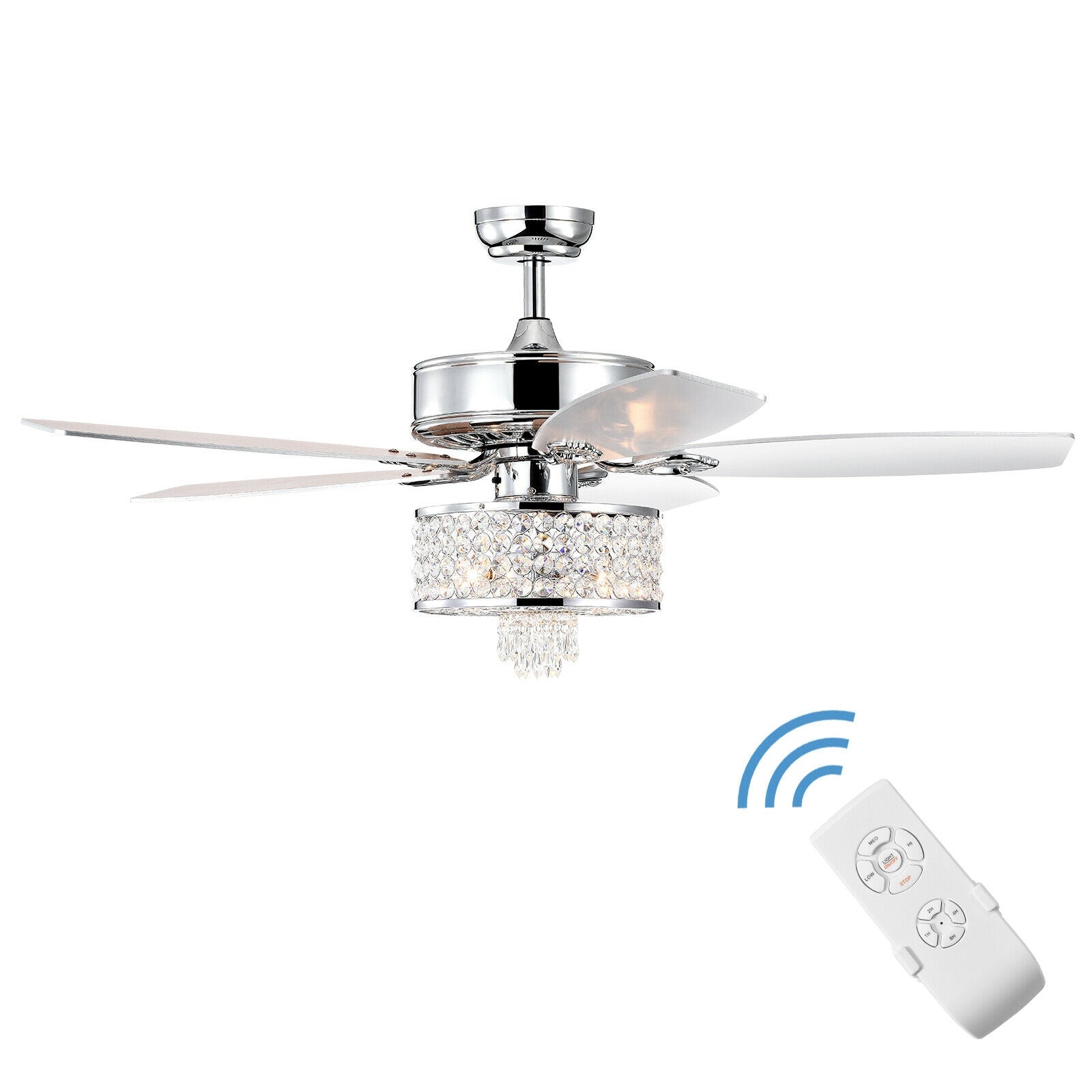 50 Inch Electric Crystal Ceiling Fan with Light Adjustable Speed Remote Control-Silver