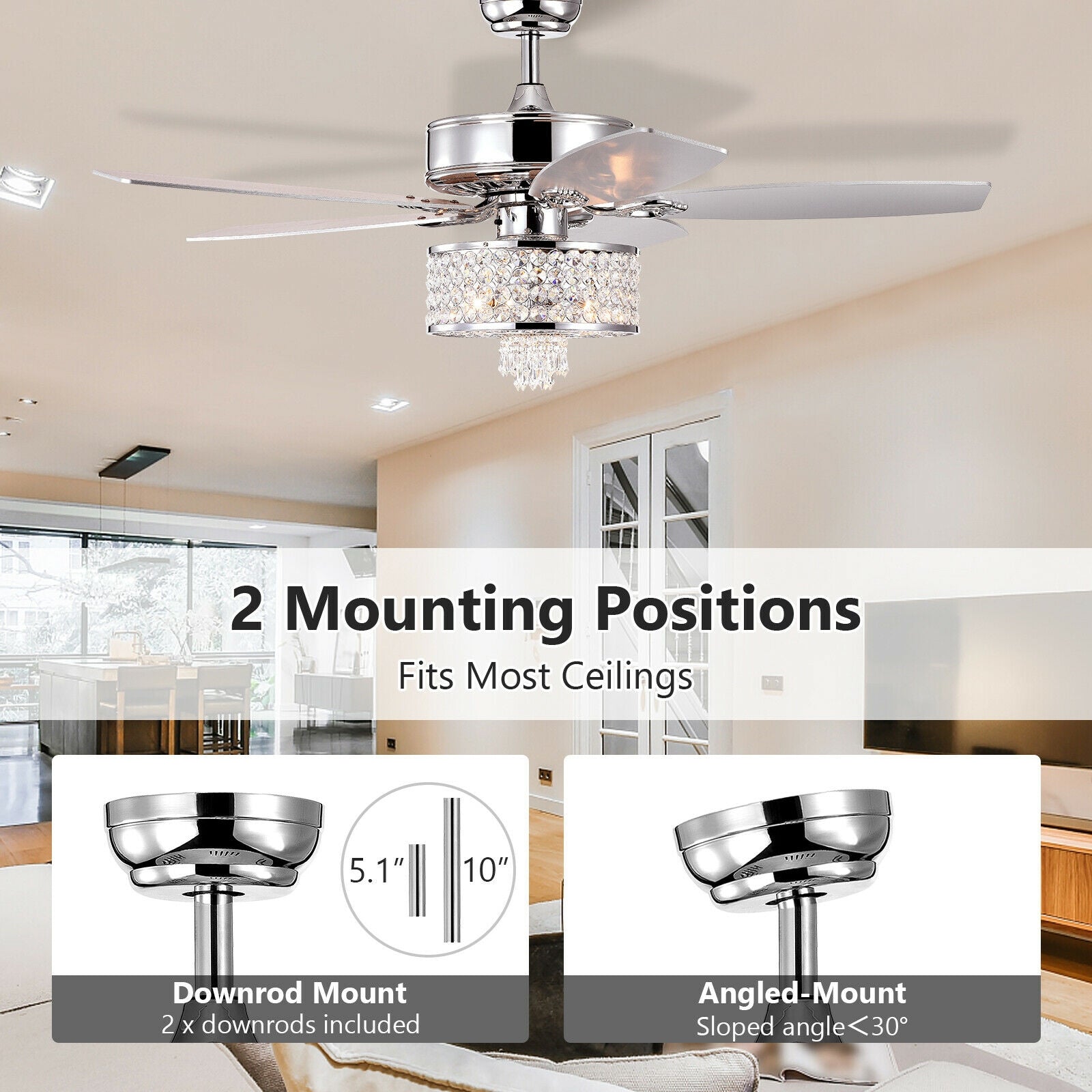 50 Inch Electric Crystal Ceiling Fan with Light Adjustable Speed Remote Control-Silver