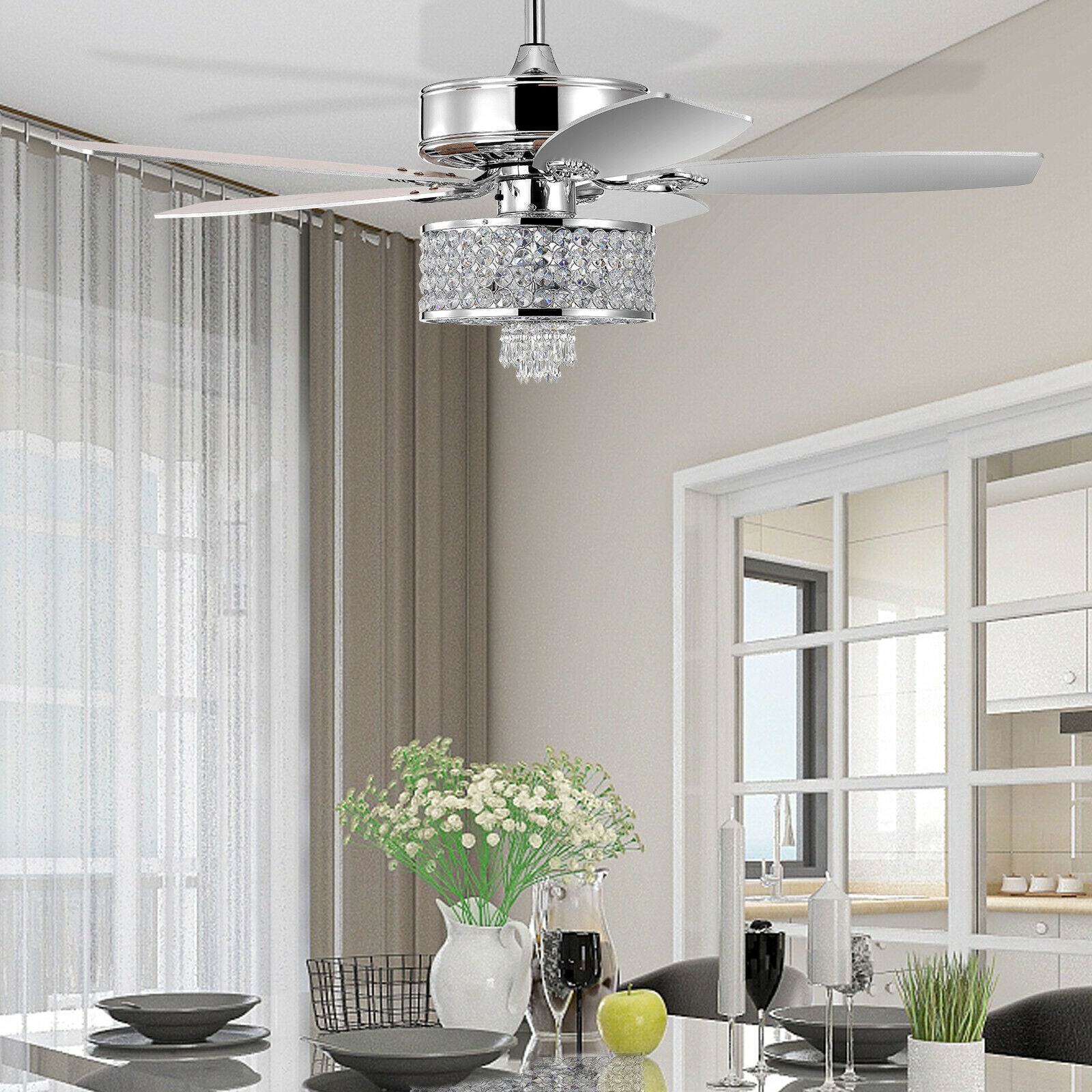 50 Inch Electric Crystal Ceiling Fan with Light Adjustable Speed Remote Control-Silver