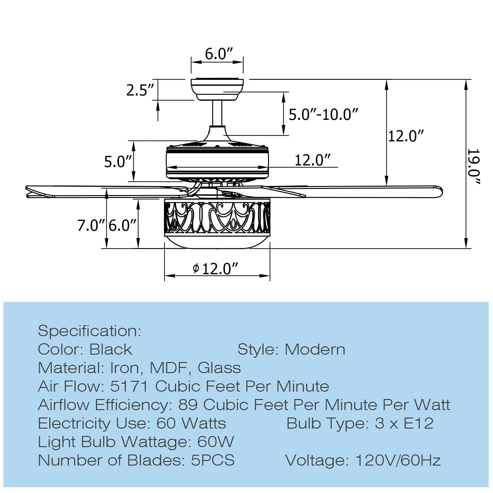 52 Inch Ceiling Fan with Light Reversible Blade and Adjustable Speed-Black