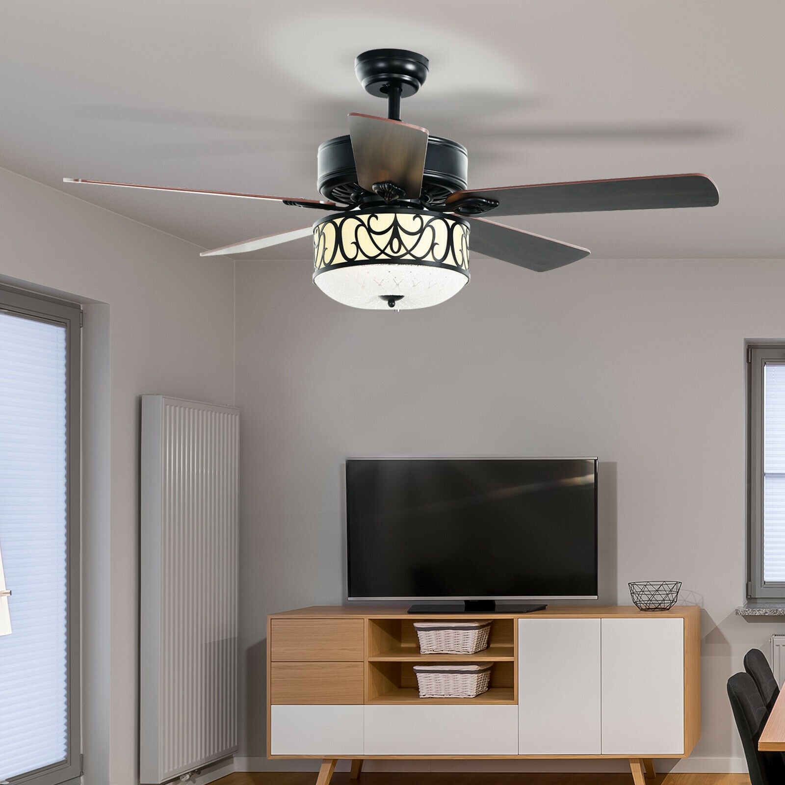 52 Inch Ceiling Fan with Light Reversible Blade and Adjustable Speed-Black