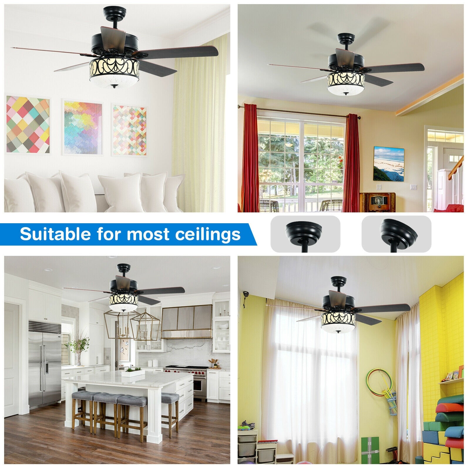 52 Inch Ceiling Fan with Light Reversible Blade and Adjustable Speed-Black