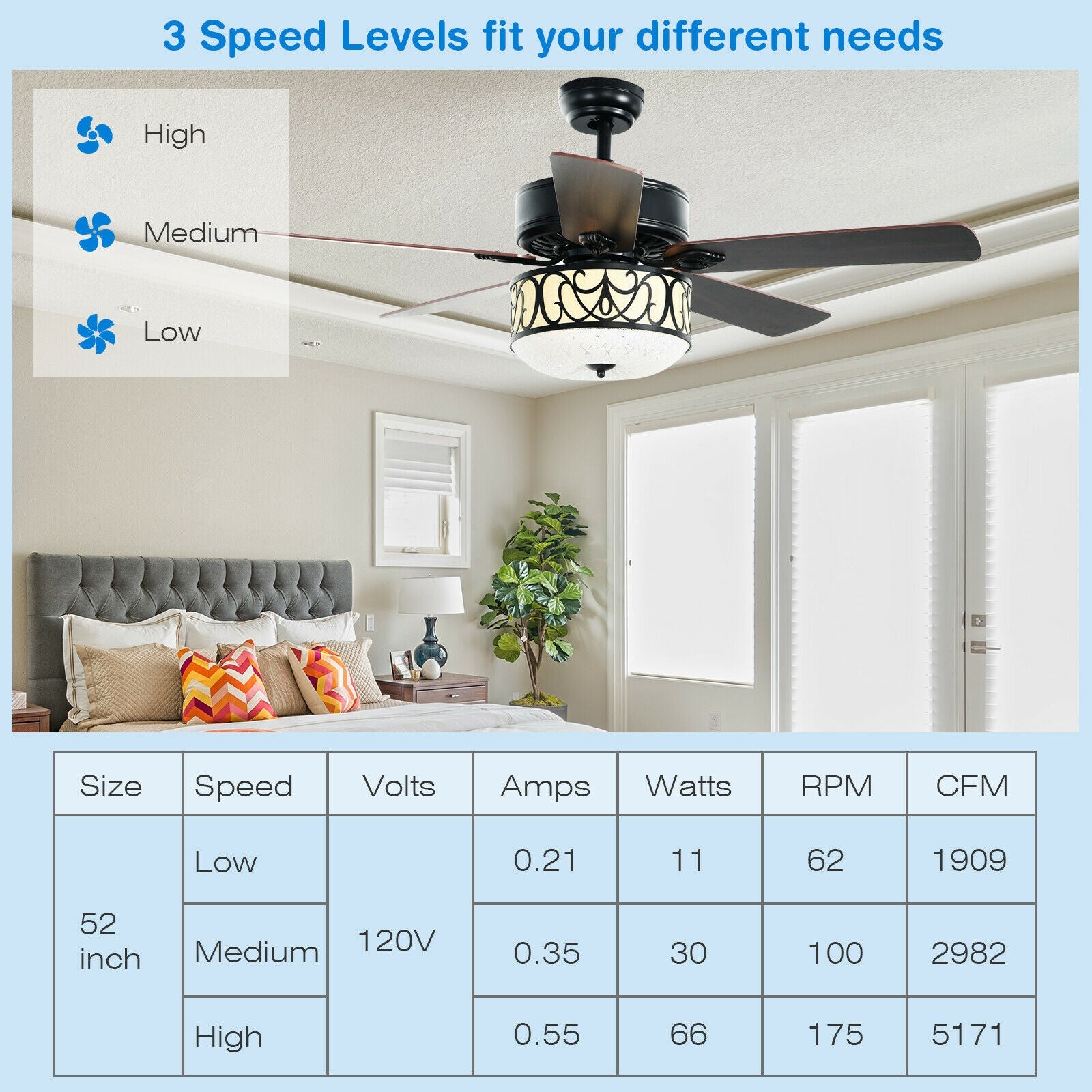 52 Inch Ceiling Fan with Light Reversible Blade and Adjustable Speed-Black