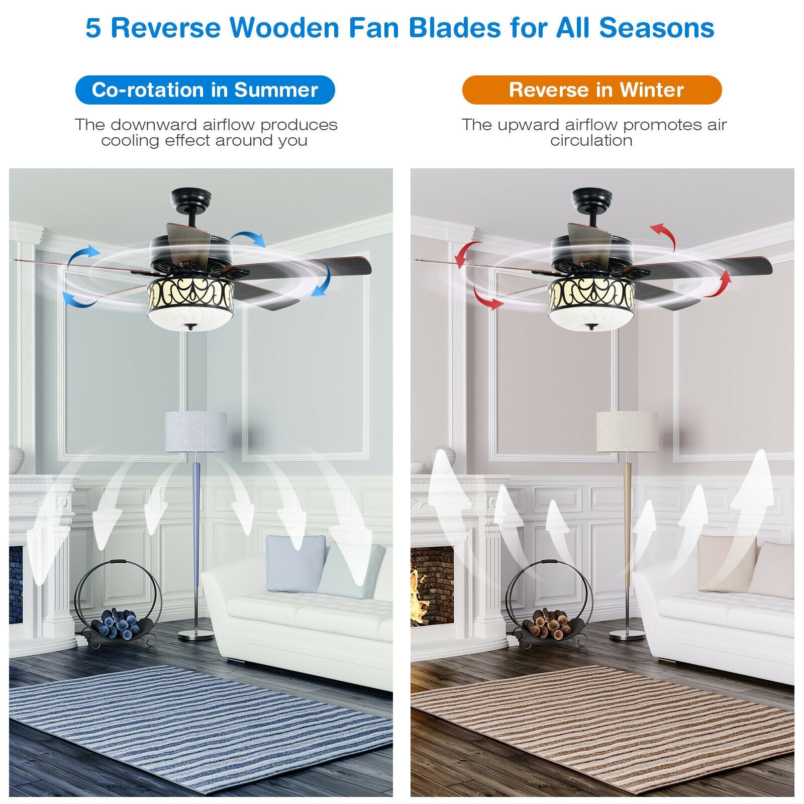 52 Inch Ceiling Fan with Light Reversible Blade and Adjustable Speed-Black