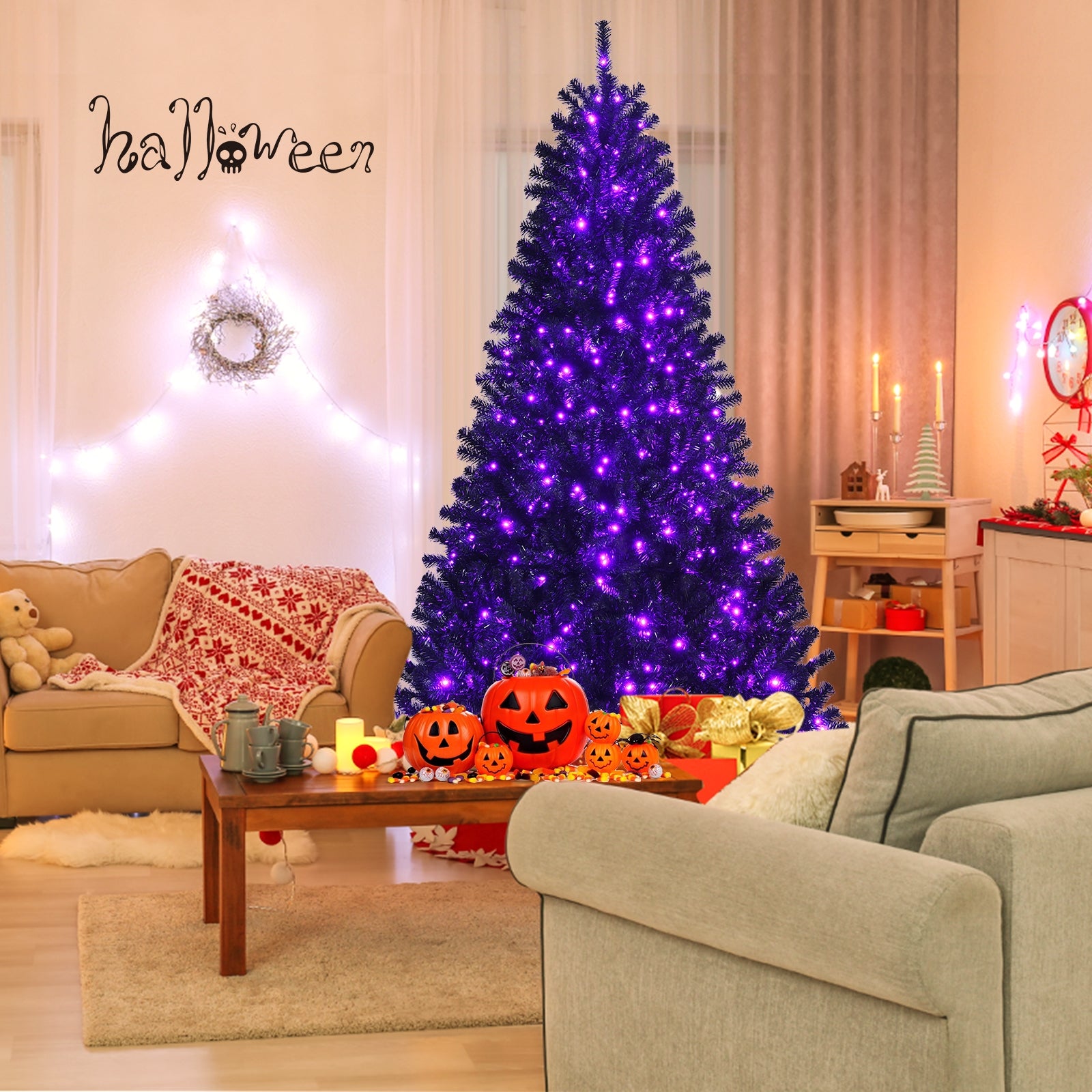 Black Artificial Christmas Halloween Tree with Purple LED Lights-7'