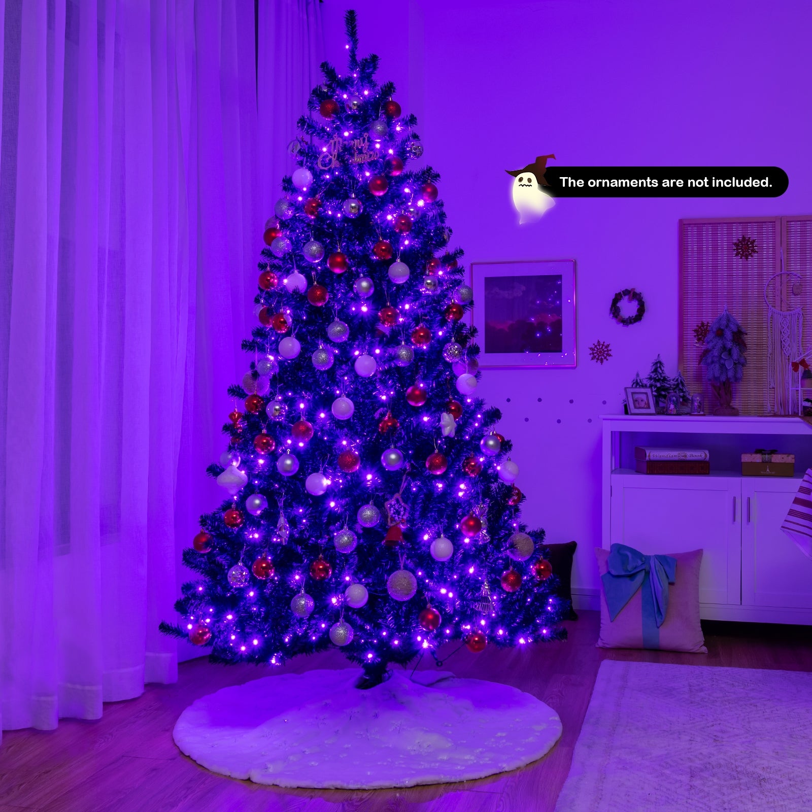 Black Artificial Christmas Halloween Tree with Purple LED Lights-7'