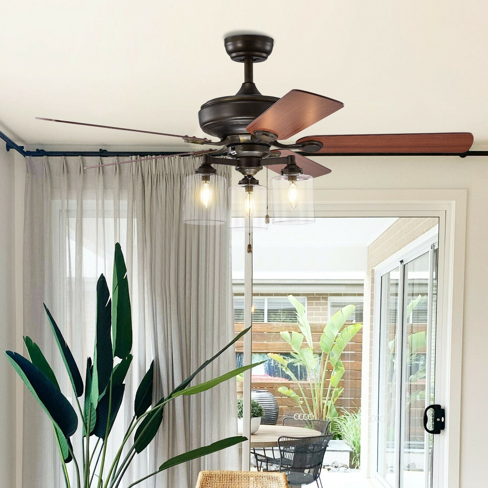 52 Inch Ceiling Fan Light with Pull Chain and 5 Bronze Finished Reversible Blades