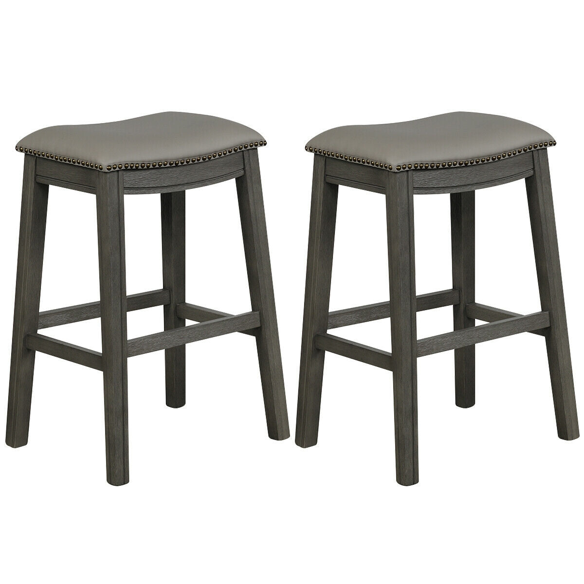 29 Inch Set of 2 Saddle Nailhead Kitchen Counter Chair-Gray