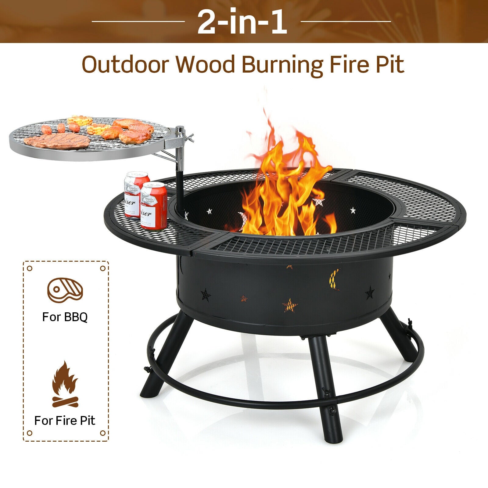 32-Inch Outdoor Wood Burning Fire Pit with 360°Swivel BBQ Grate