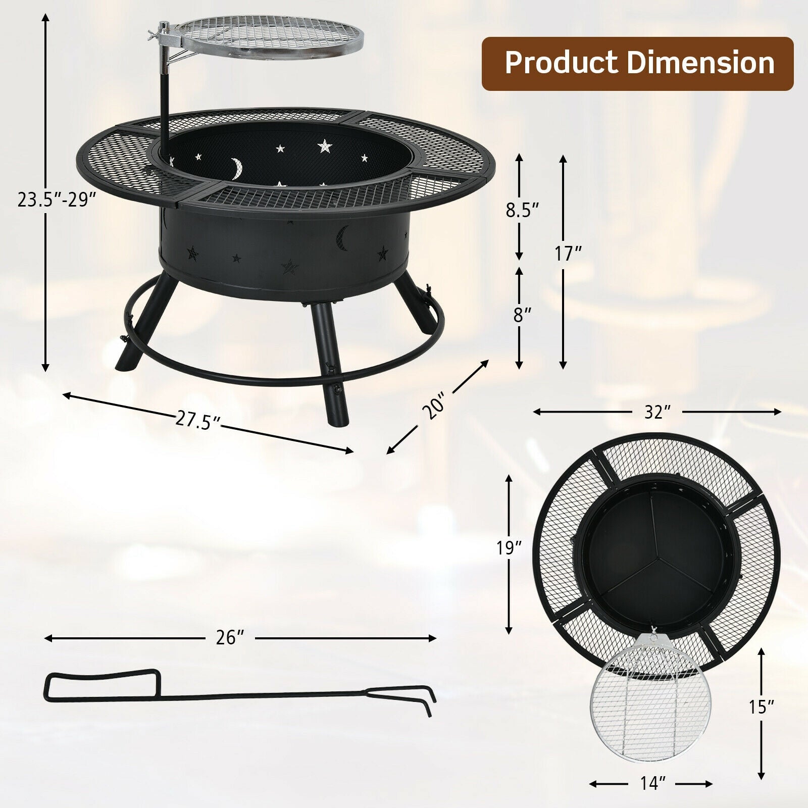 32-Inch Outdoor Wood Burning Fire Pit with 360°Swivel BBQ Grate