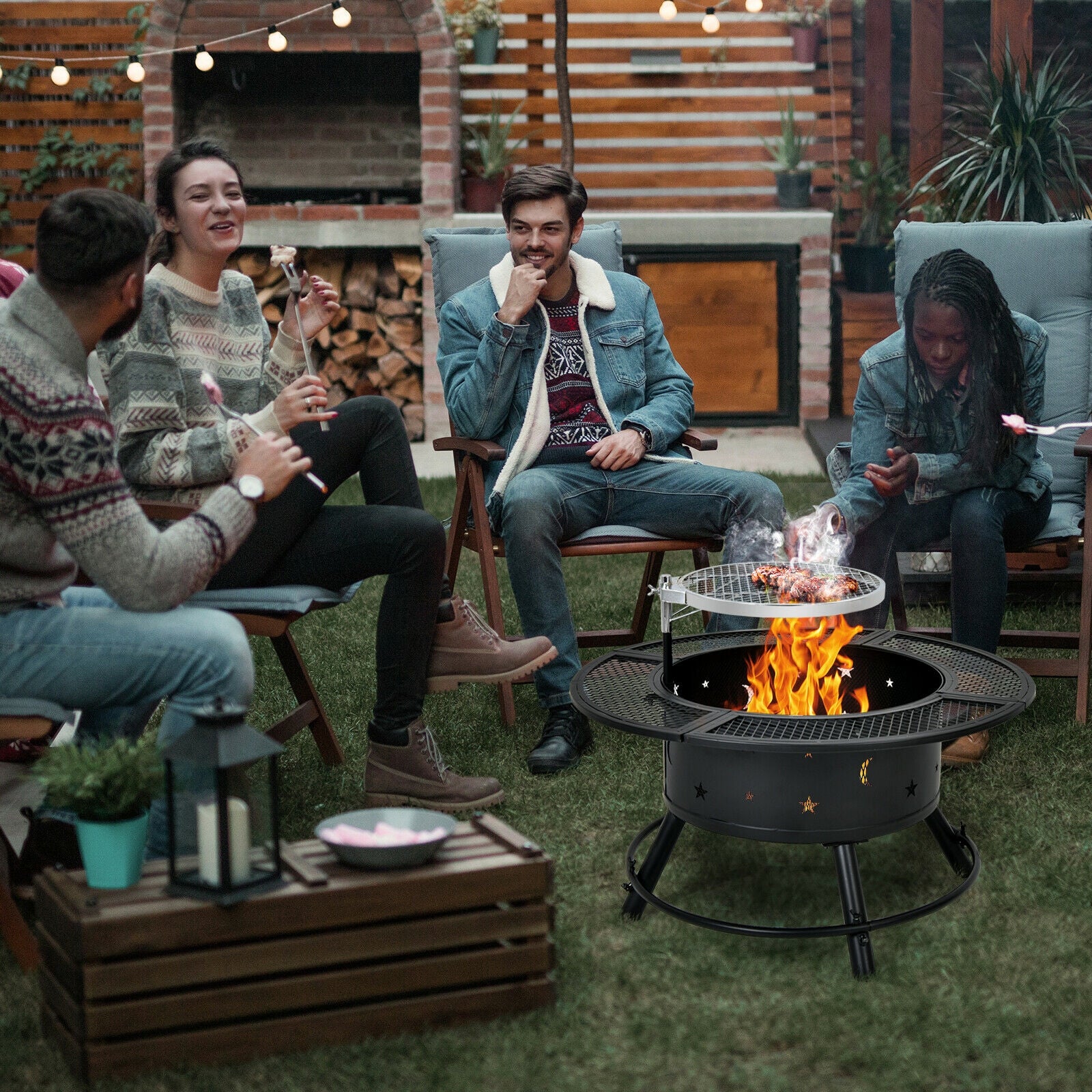 32-Inch Outdoor Wood Burning Fire Pit with 360°Swivel BBQ Grate