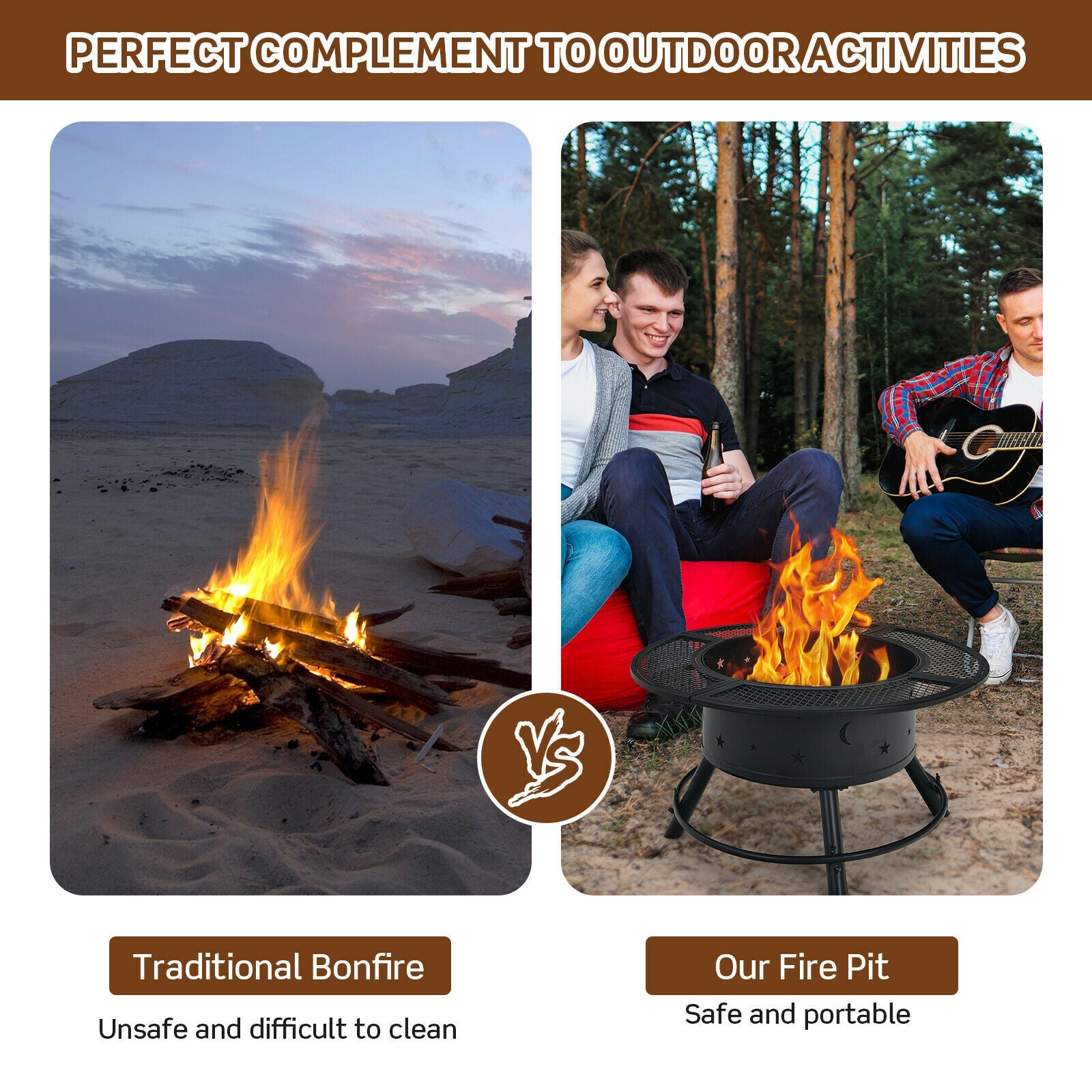 32-Inch Outdoor Wood Burning Fire Pit with 360°Swivel BBQ Grate