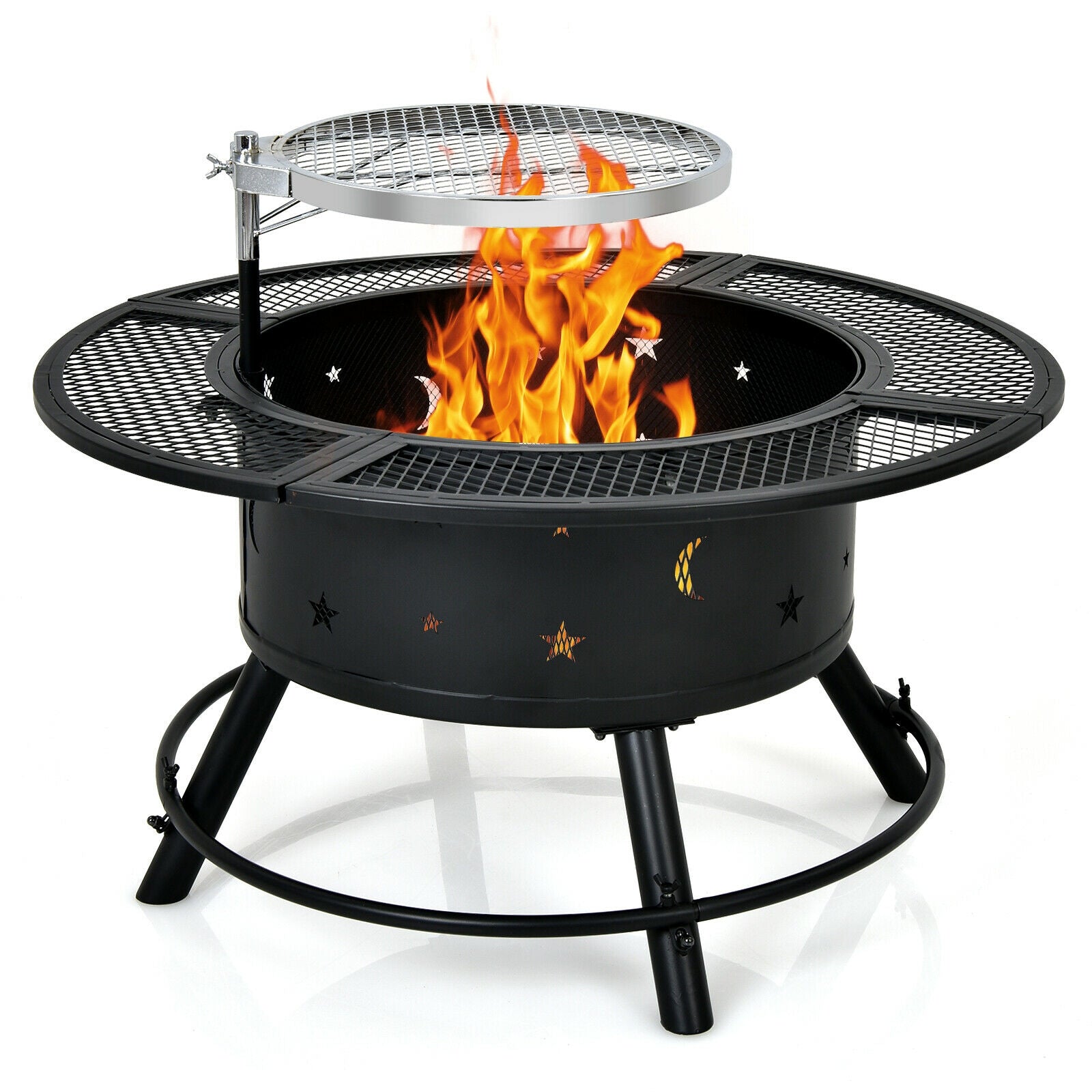 32-Inch Outdoor Wood Burning Fire Pit with 360°Swivel BBQ Grate