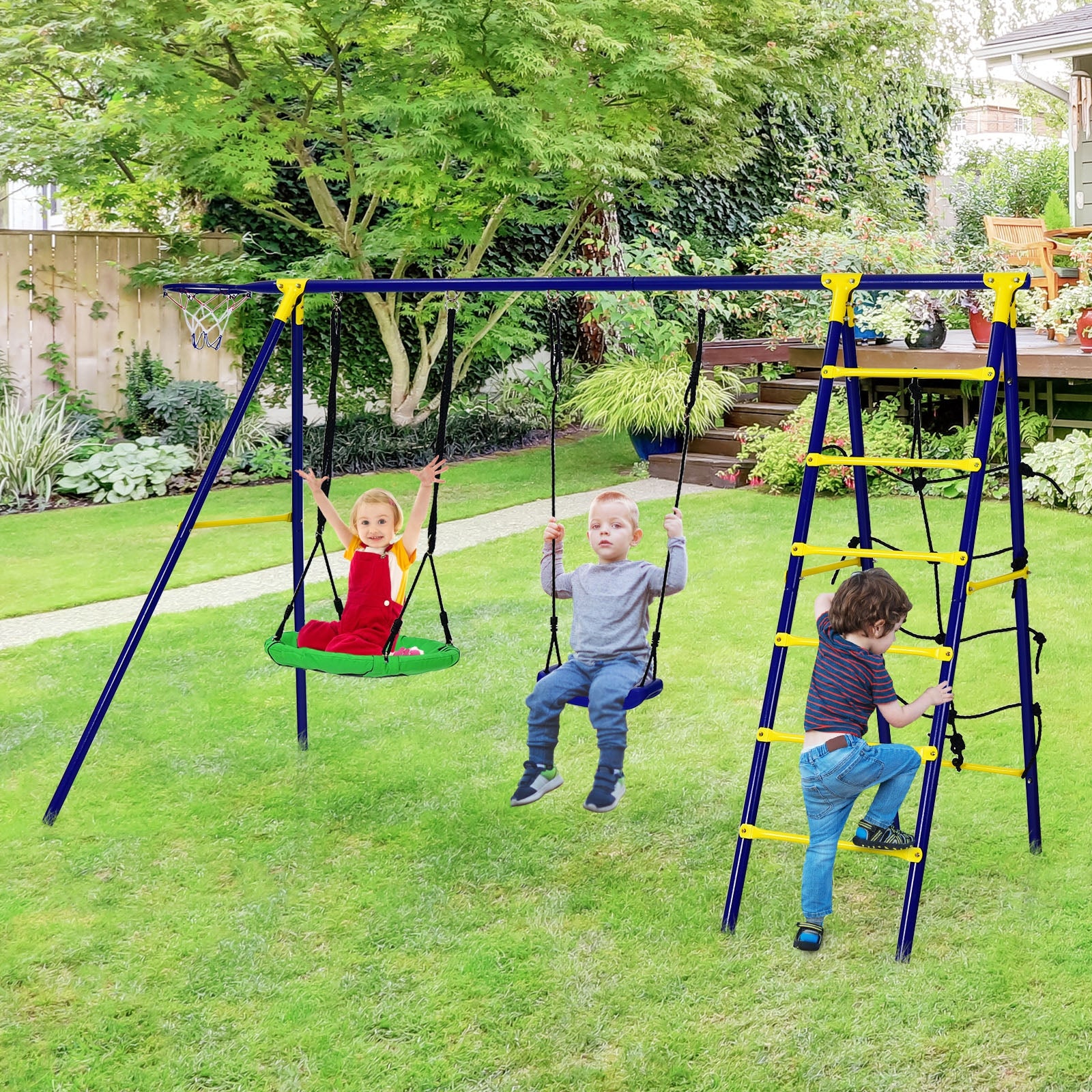 5-In-1 Outdoor Kids Swing Set with A-Shaped Metal Frame and Ground Stake 