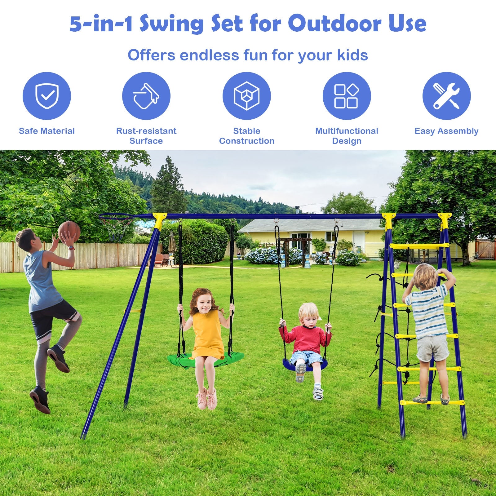 5-In-1 Outdoor Kids Swing Set with A-Shaped Metal Frame and Ground Stake 